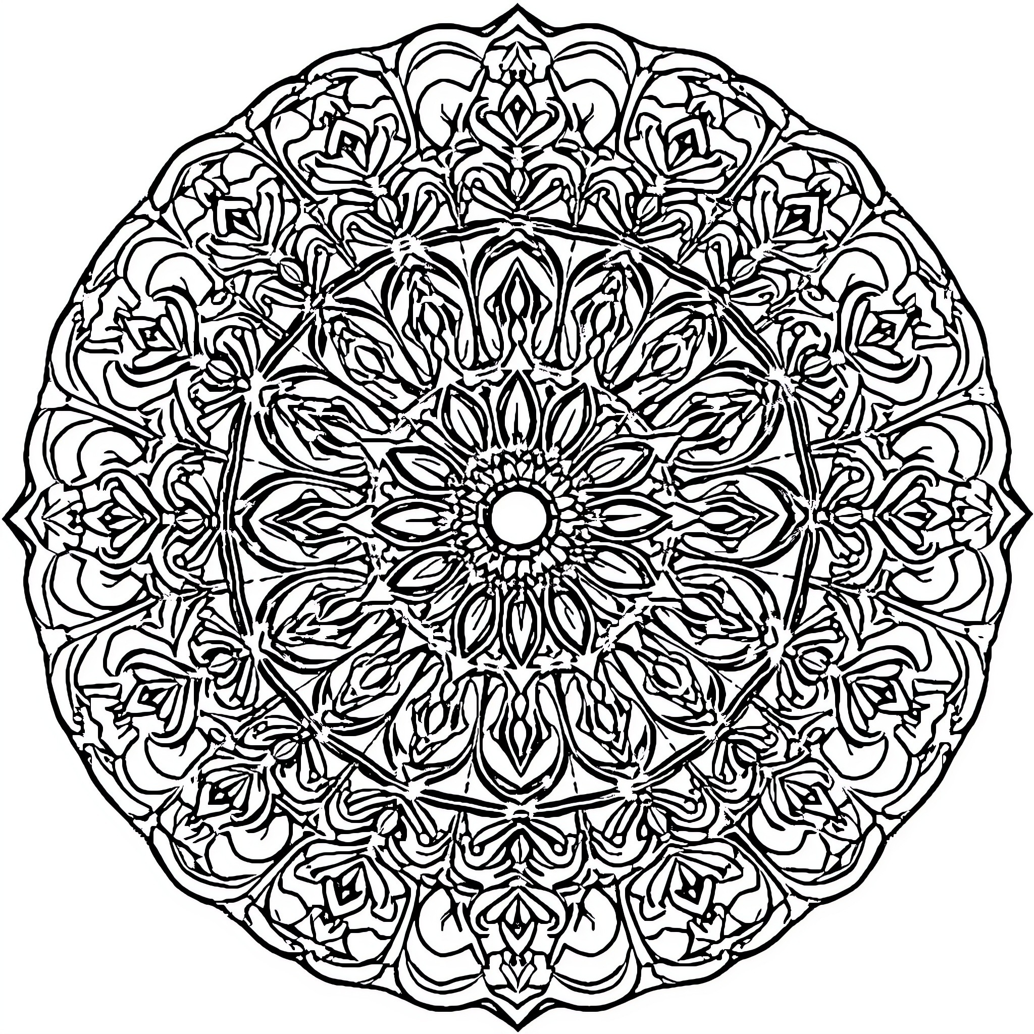 Circle Mandala with Intricate Floral Patterns Coloring Page (free black-and-white line drawing printable PDF for all, from beginners to advanced learners, including children, teens, adults, and seniors)