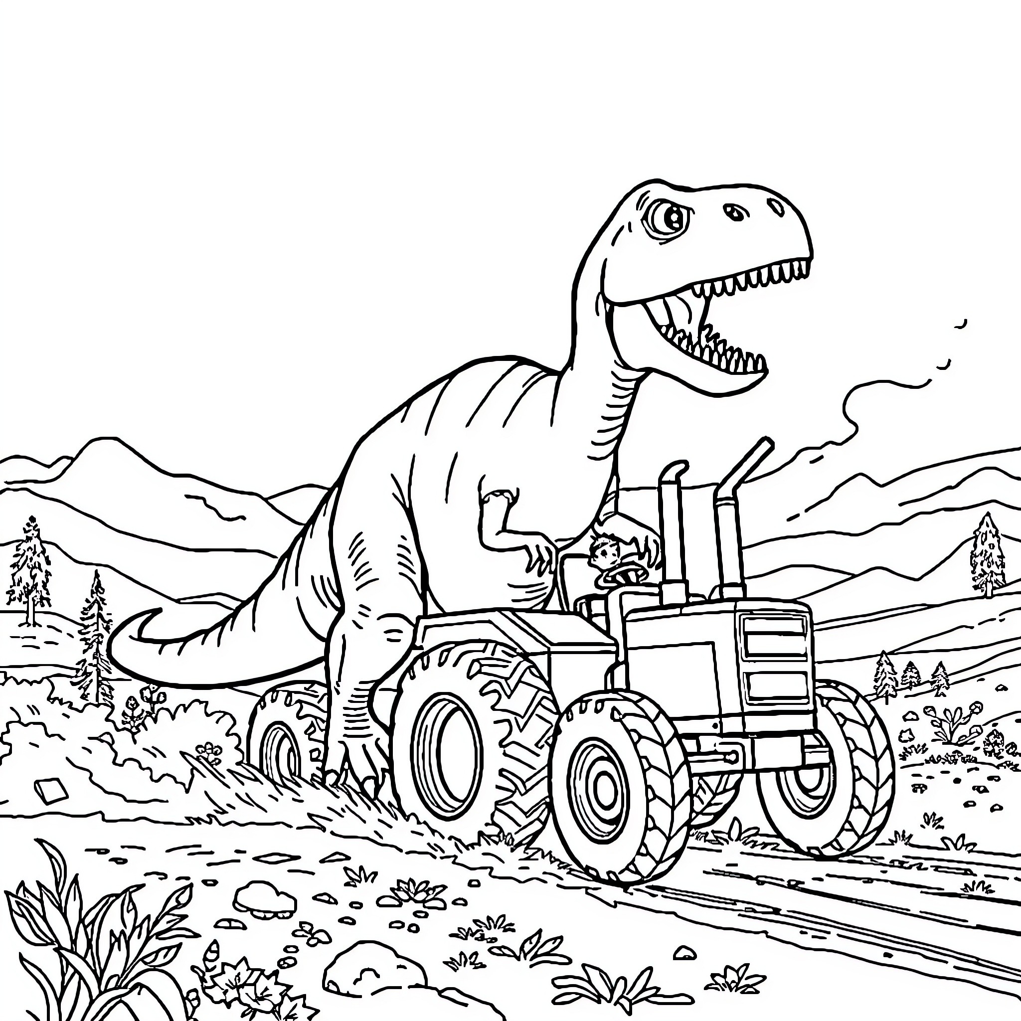 Dinosaur driving a tractor through a scenic landscape Coloring Page (free black-and-white line drawing printable PDF for all, from beginners to advanced learners, including children, teens, adults, and seniors)
