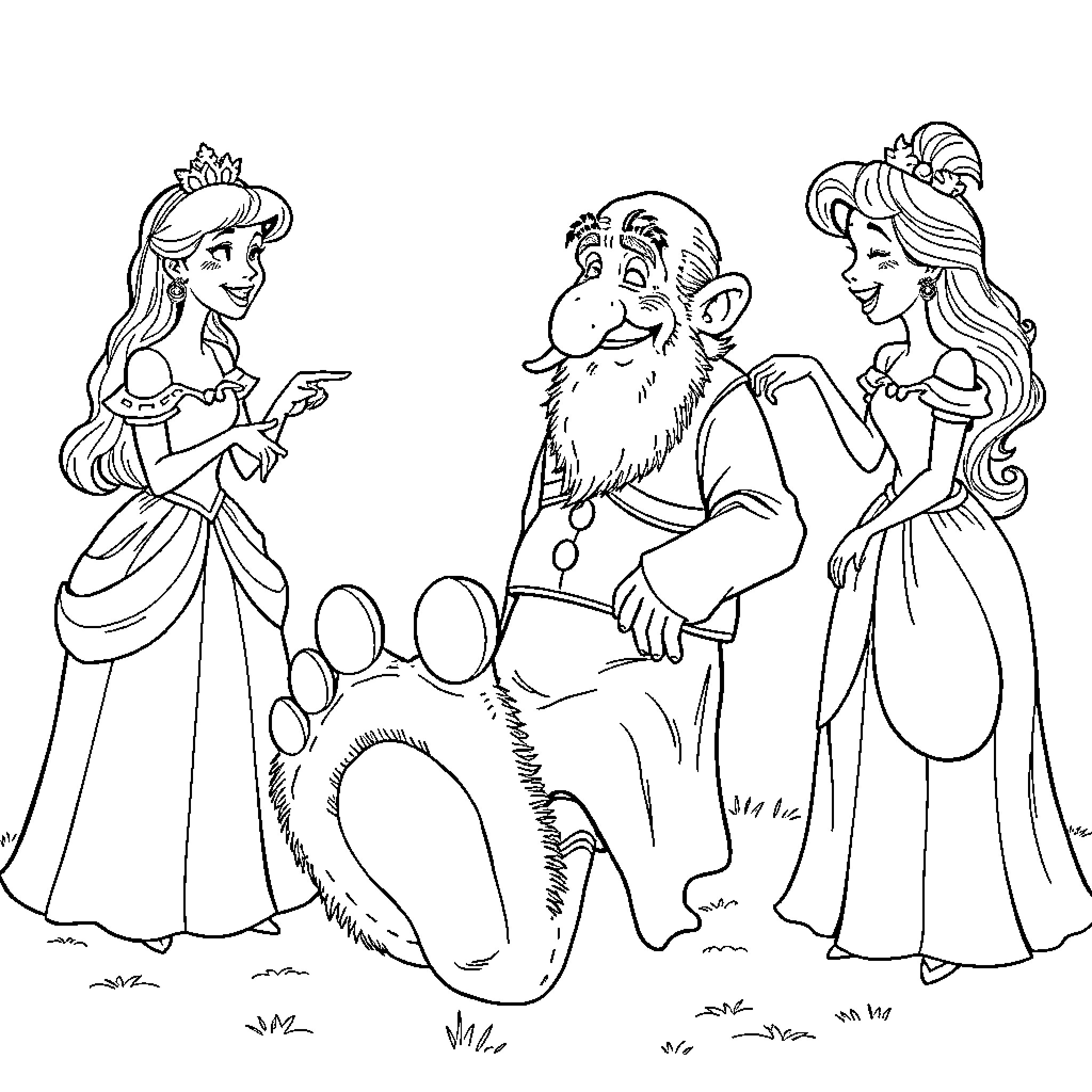 Princess in Dialogue with Fantastical Creatures Coloring Page (free black-and-white line drawing printable PDF for all, from beginners to advanced learners, including children, teens, adults, and seniors)