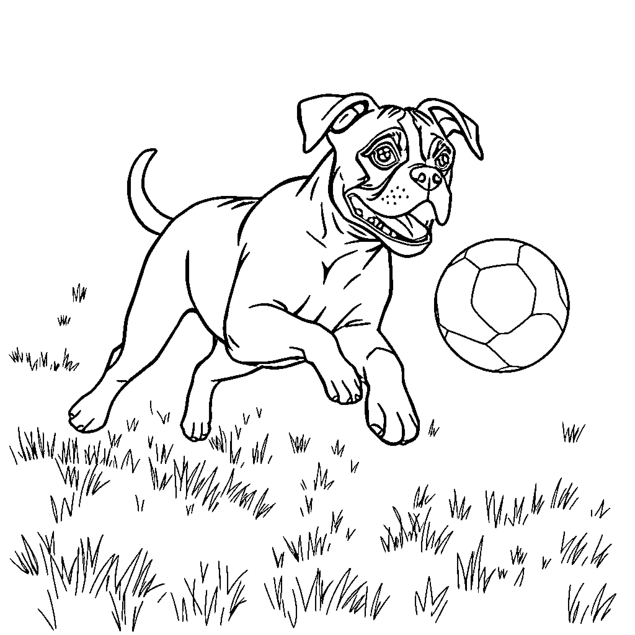 Boxer Dog Playing with Soccer Ball Outdoors Coloring Page (free black-and-white line drawing printable PDF for all, from beginners to advanced learners, including children, teens, adults, and seniors)