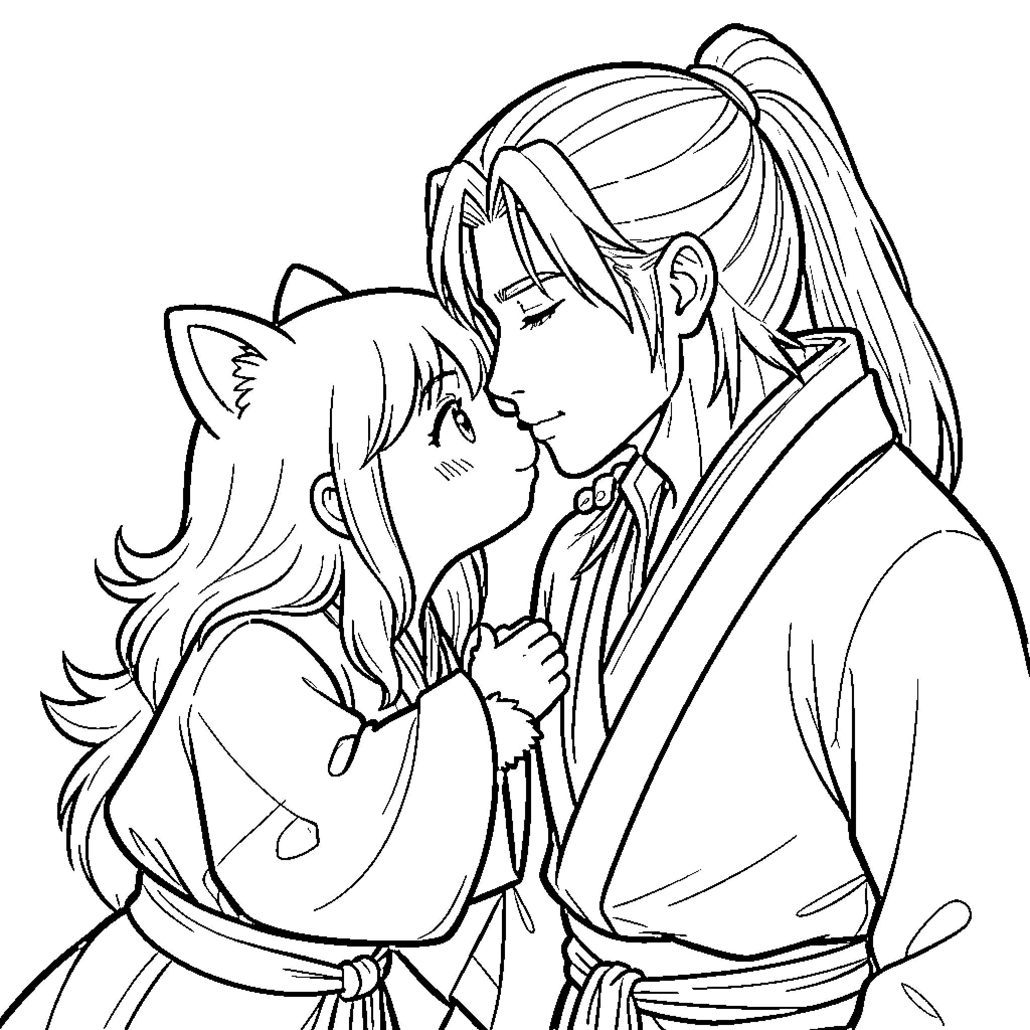 Mao Mao kissing a tall man on the cheek Coloring Page (free black-and-white line drawing printable PDF for all, from beginners to advanced learners, including children, teens, adults, and seniors)