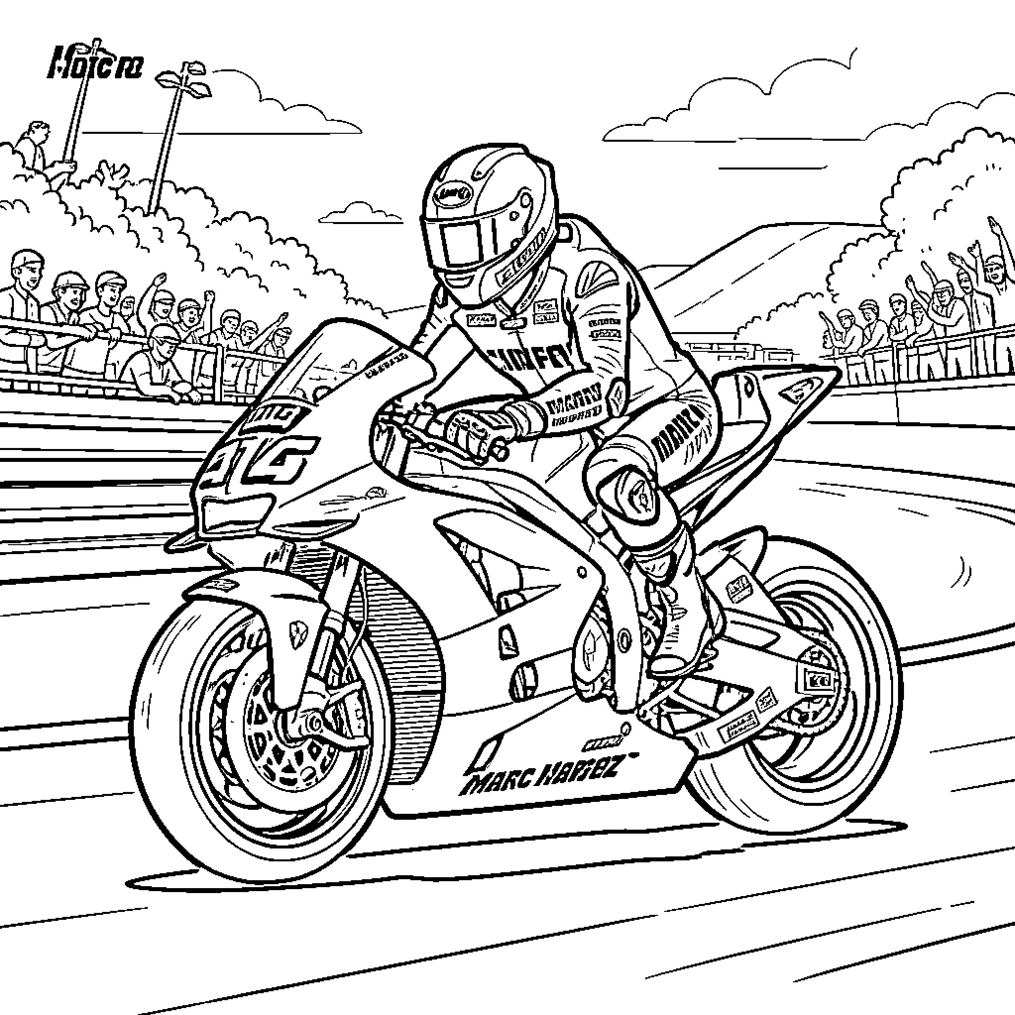 Marc Marquez racing a motorcycle on a track Coloring Page (free black-and-white line drawing printable PDF for all, from beginners to advanced learners, including children, teens, adults, and seniors)