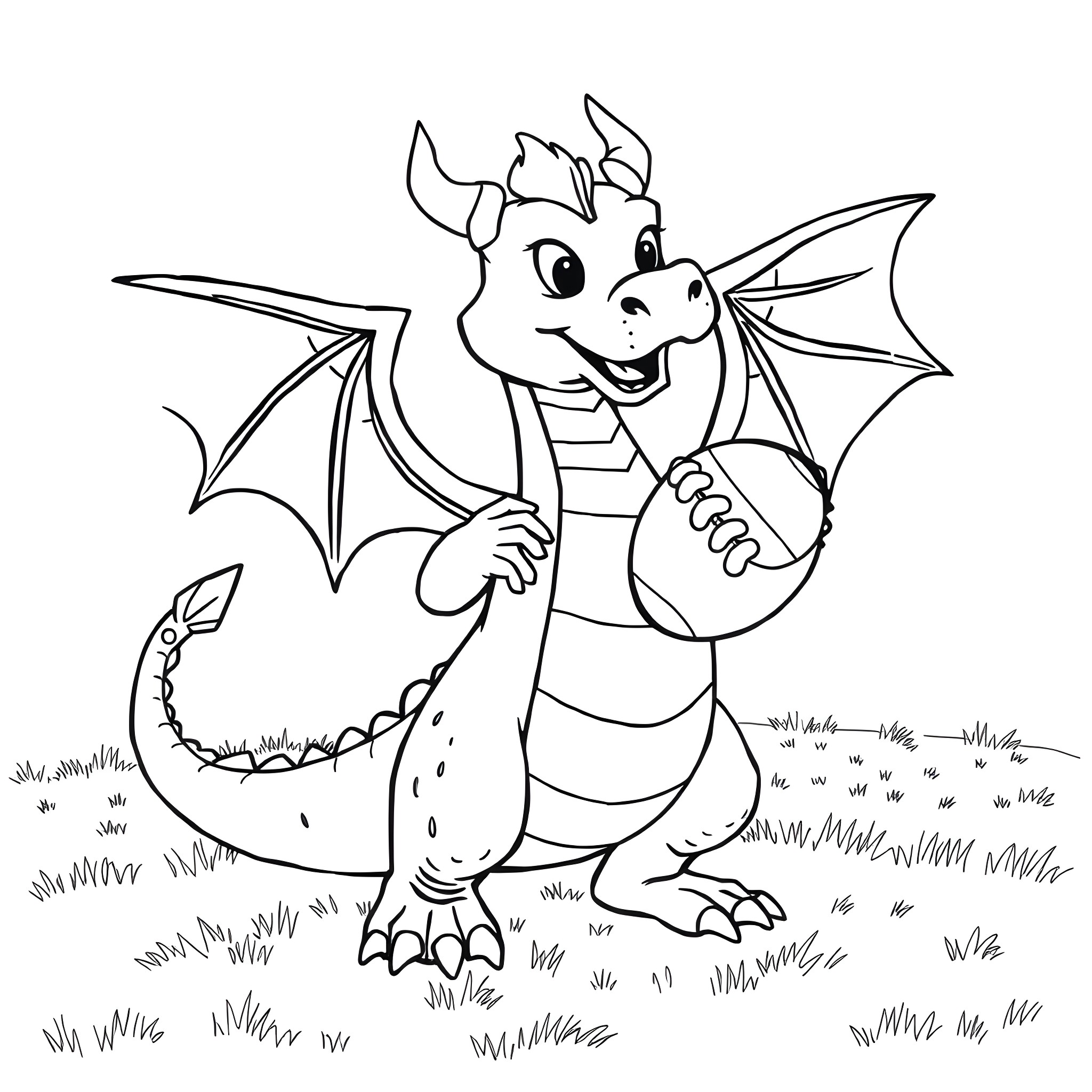 Dragon playing happily with ball in the field Coloring Page (free black-and-white line drawing printable PDF for all, from beginners to advanced learners, including children, teens, adults, and seniors)