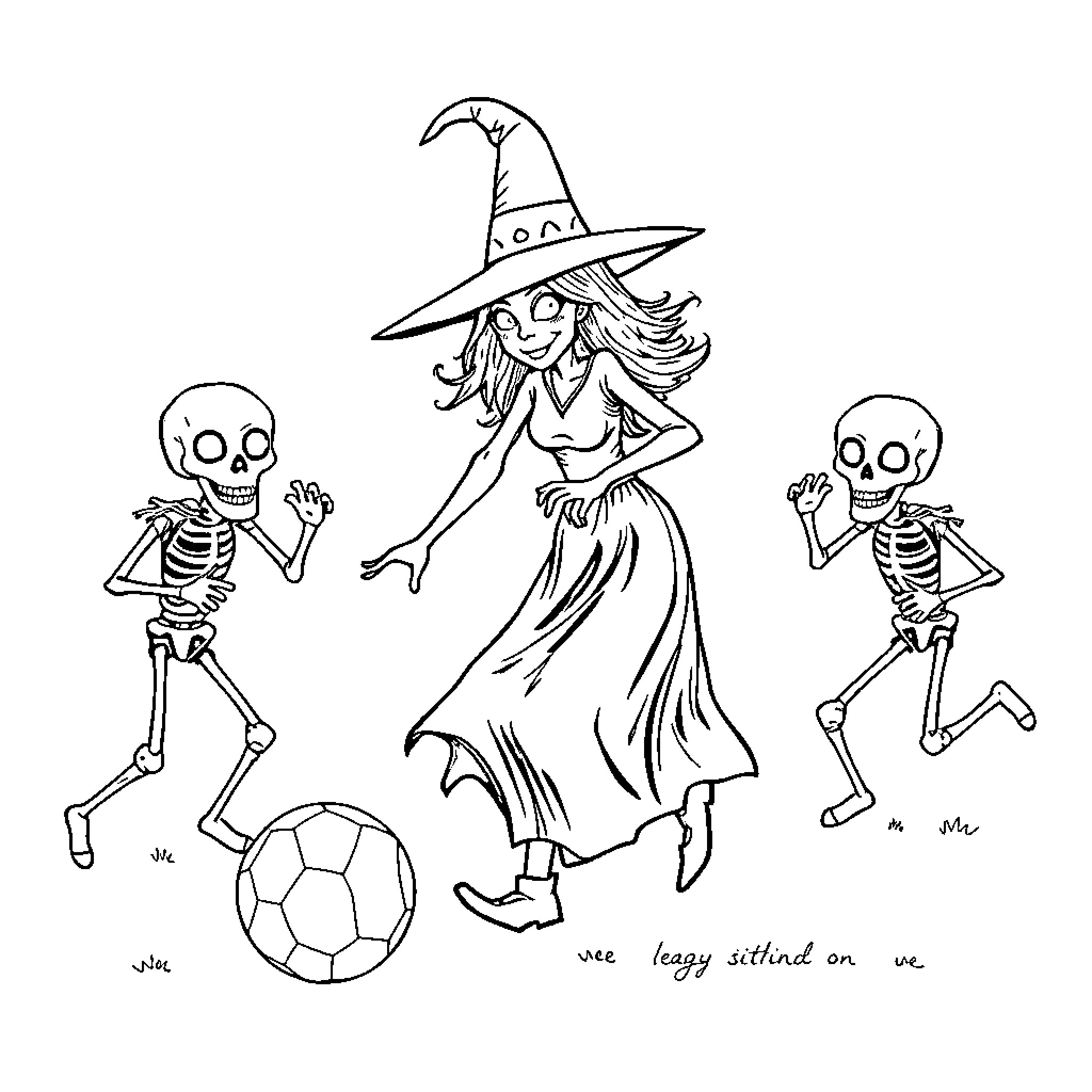 Witch dancing with skeletons in the moonlight Coloring Page (free black-and-white line drawing printable PDF for all, from beginners to advanced learners, including children, teens, adults, and seniors)