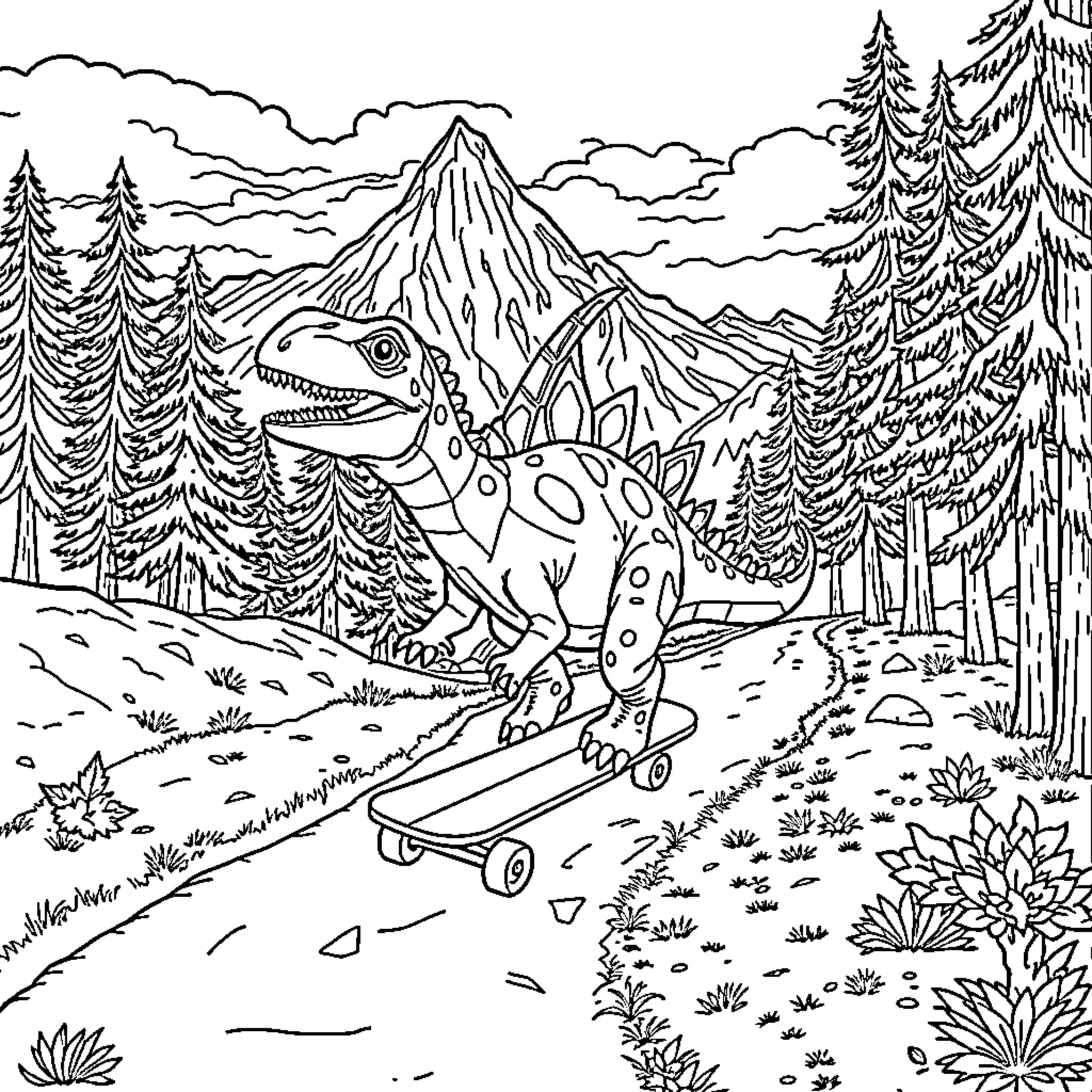 Stegosaurus riding skateboard through prehistoric landscape Coloring Page (free black-and-white line drawing printable PDF for all, from beginners to advanced learners, including children, teens, adults, and seniors)