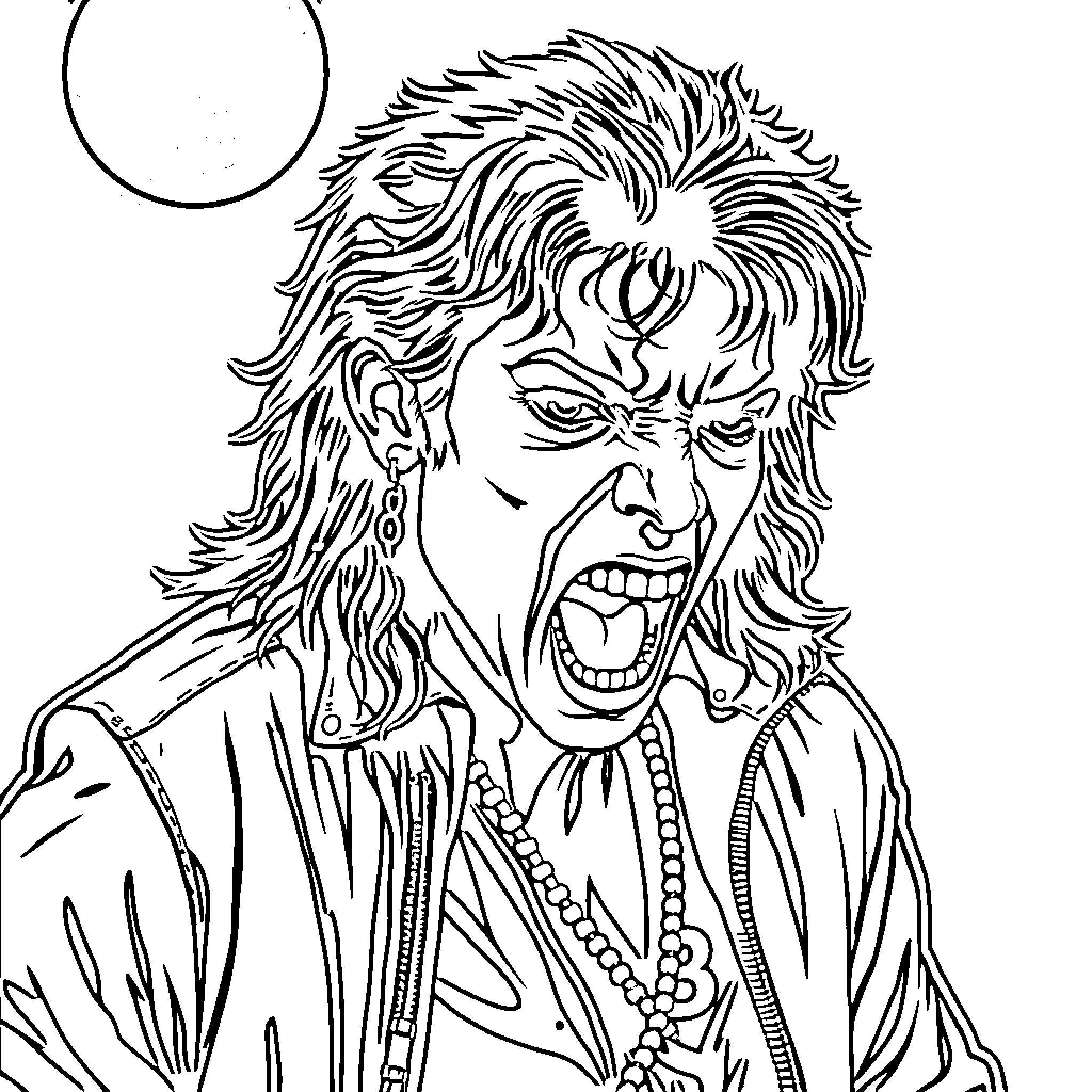 Werewolf's Ferocious Transformation Coloring Page (free black-and-white line drawing printable PDF for all, from beginners to advanced learners, including children, teens, adults, and seniors)