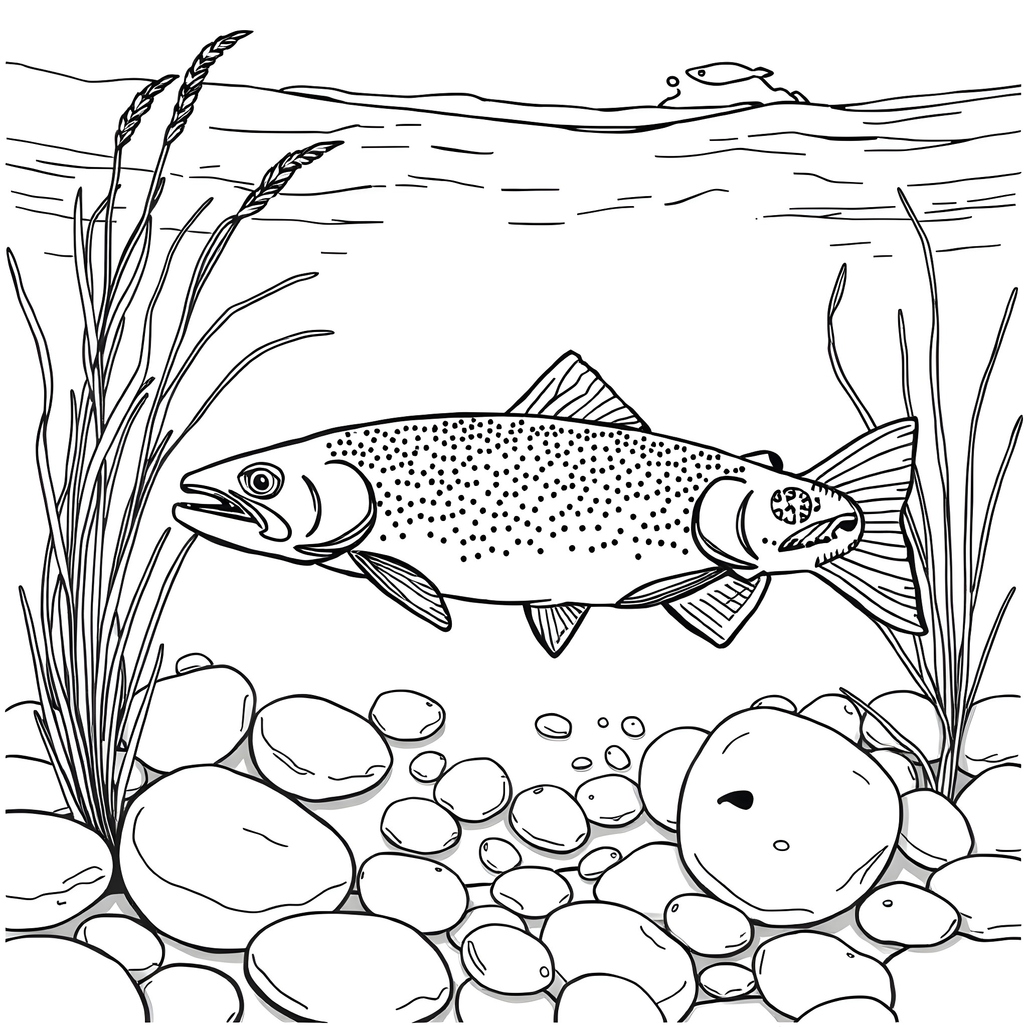Trout swimming in the river with plants Coloring Page (free black-and-white line drawing printable PDF for all, from beginners to advanced learners, including children, teens, adults, and seniors)