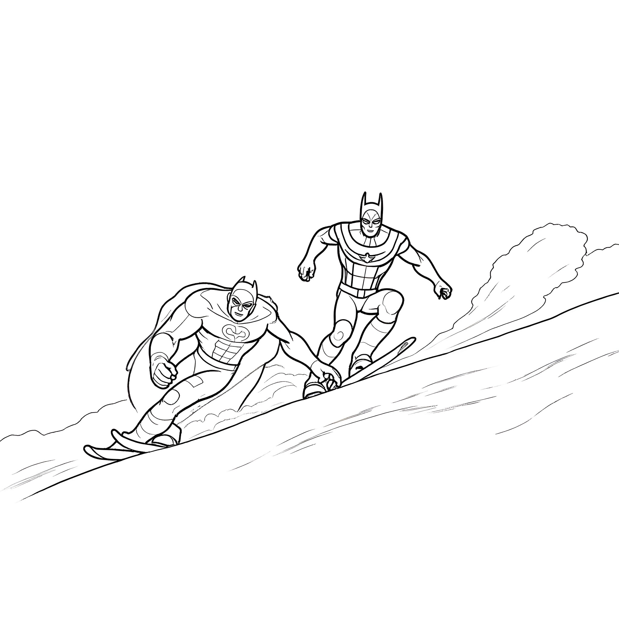 Superhero duo speeding down a snowy slope Coloring Page (free black-and-white line drawing printable PDF for all, from beginners to advanced learners, including children, teens, adults, and seniors)