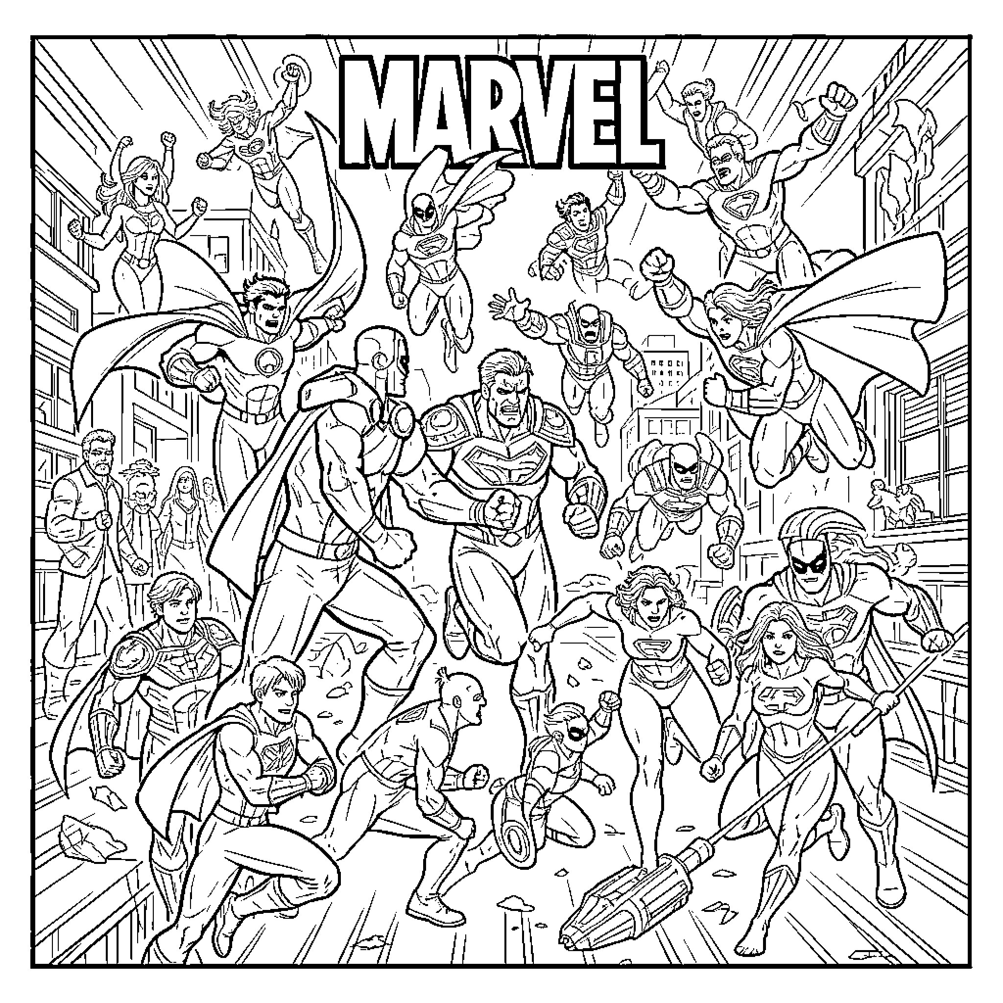 Marvel Heroes in Action-Packed City Scene Coloring Page (free black-and-white line drawing printable PDF for all, from beginners to advanced learners, including children, teens, adults, and seniors)