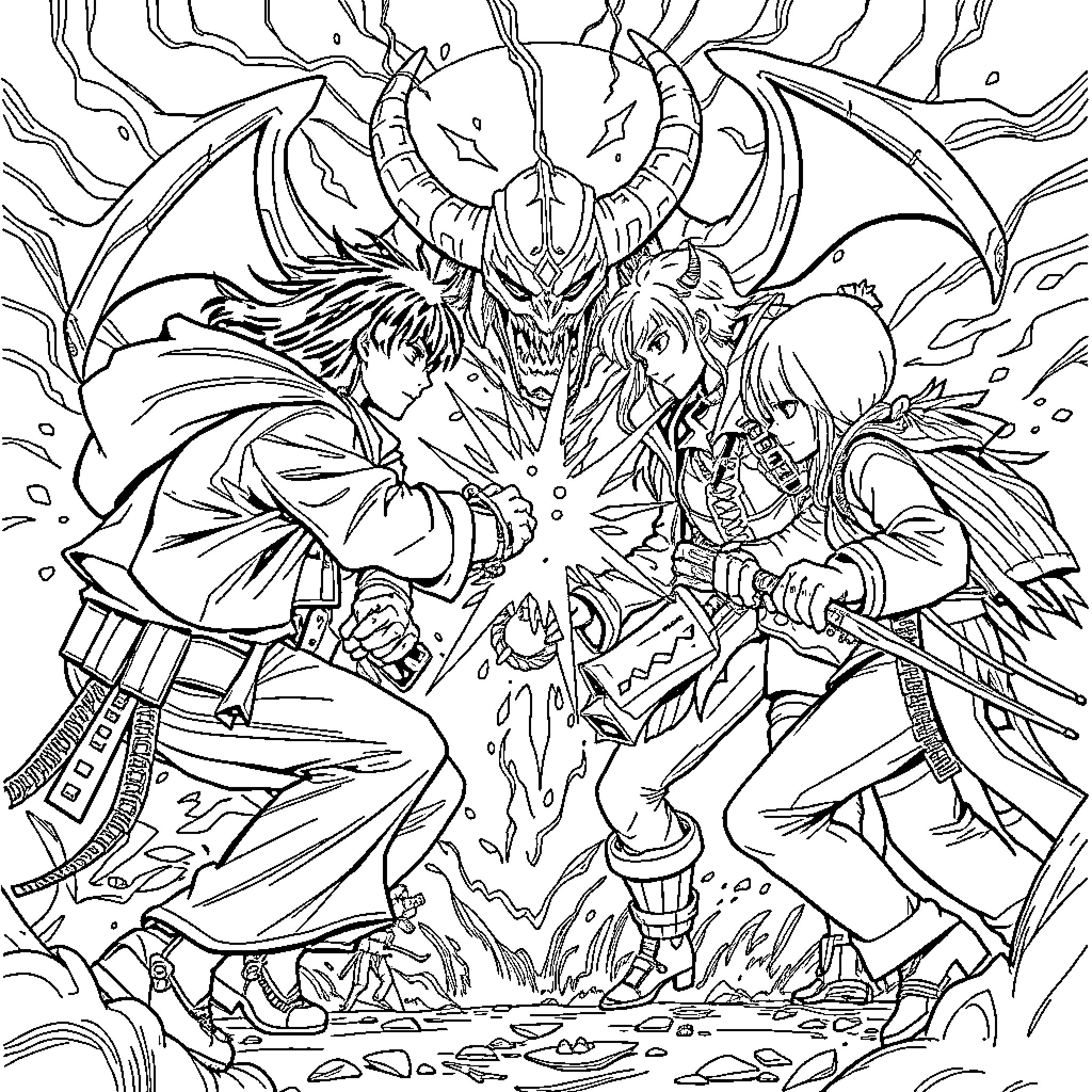 Kpop Demon Hunter: Courageous Warriors Facing Fearsome Foe Coloring Page (free black-and-white line drawing printable PDF for all, from beginners to advanced learners, including children, teens, adults, and seniors)