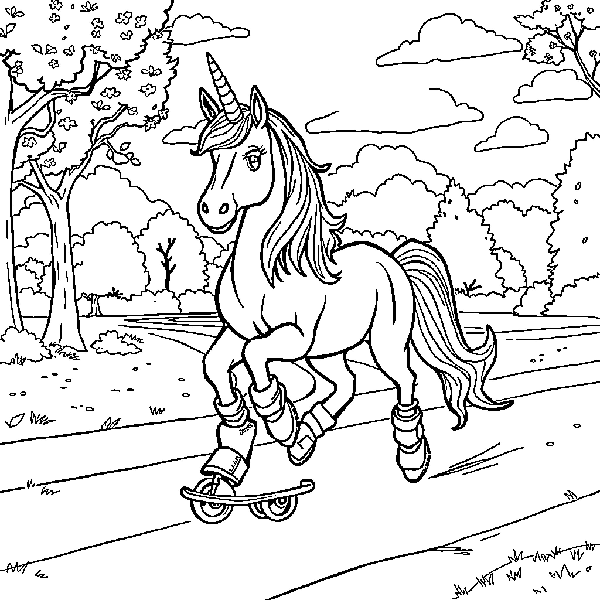 Unicorn Riding a Skateboard in a Whimsical Landscape Coloring Page (free black-and-white line drawing printable PDF for all, from beginners to advanced learners, including children, teens, adults, and seniors)