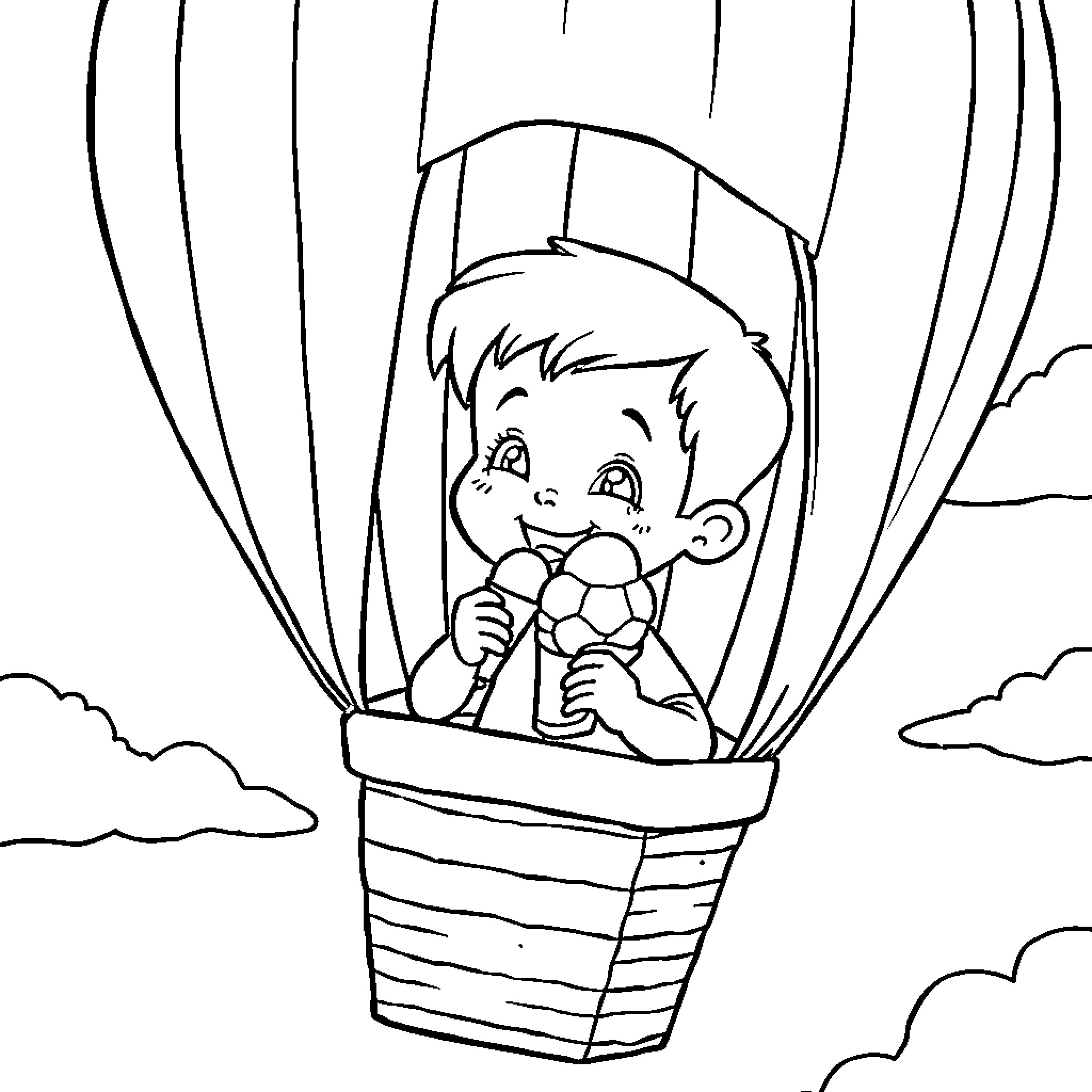 Boy enjoying a hot air balloon ride Coloring Page (free black-and-white line drawing printable PDF for all, from beginners to advanced learners, including children, teens, adults, and seniors)
