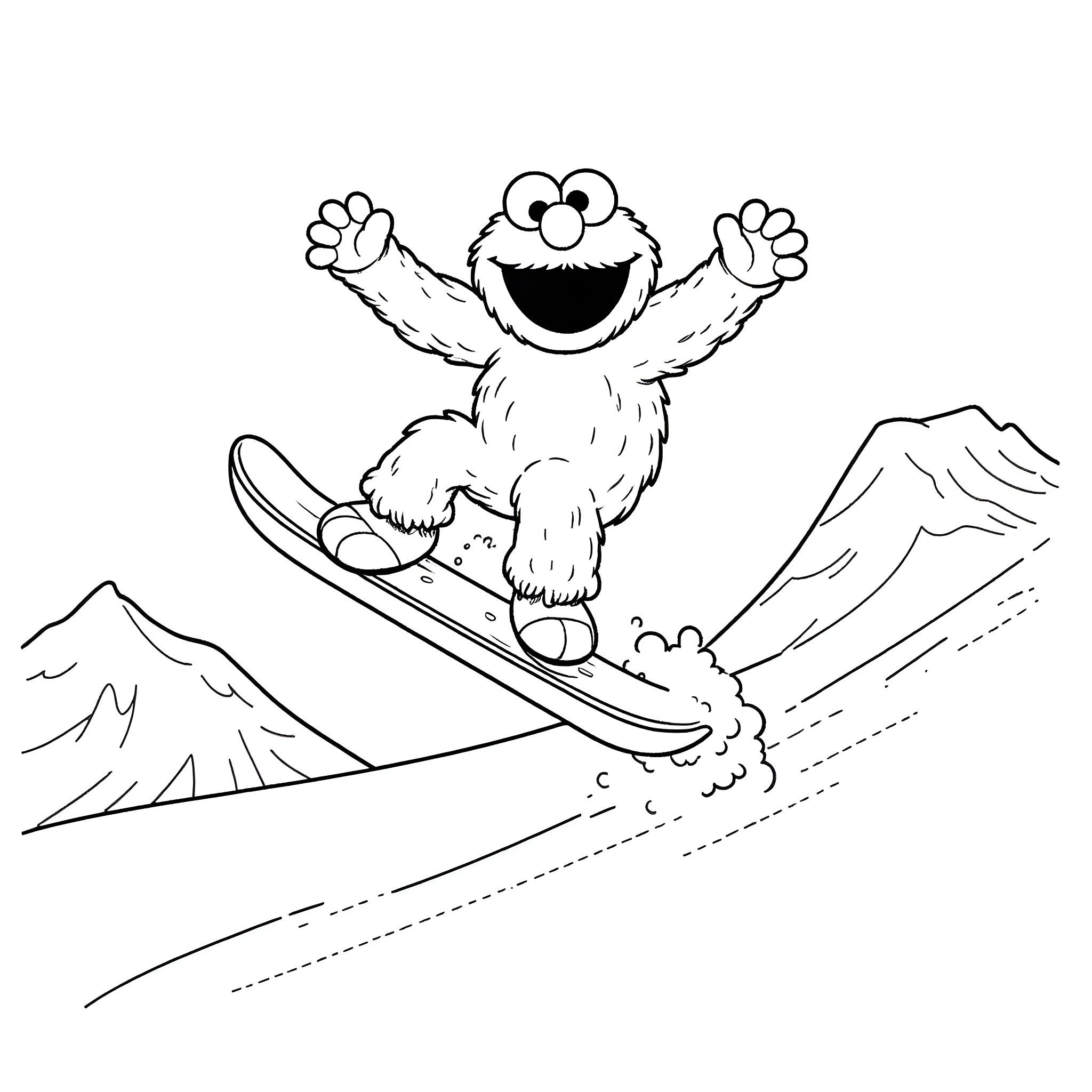 Cookie Monster snowboarding in the mountains Coloring Page (free black-and-white line drawing printable PDF for all, from beginners to advanced learners, including children, teens, adults, and seniors)