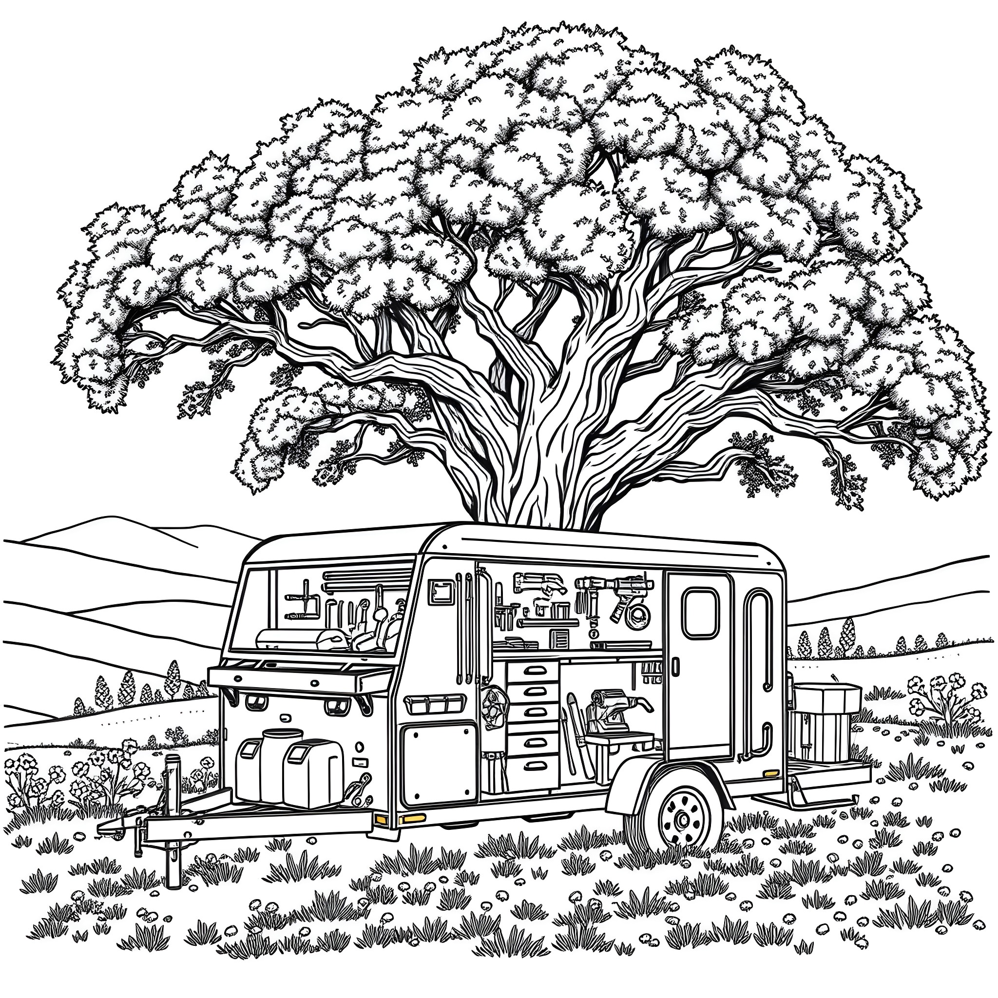 Tool Trailer Parked Under a Majestic Tree Coloring Page (free black-and-white line drawing printable PDF for all, from beginners to advanced learners, including children, teens, adults, and seniors)