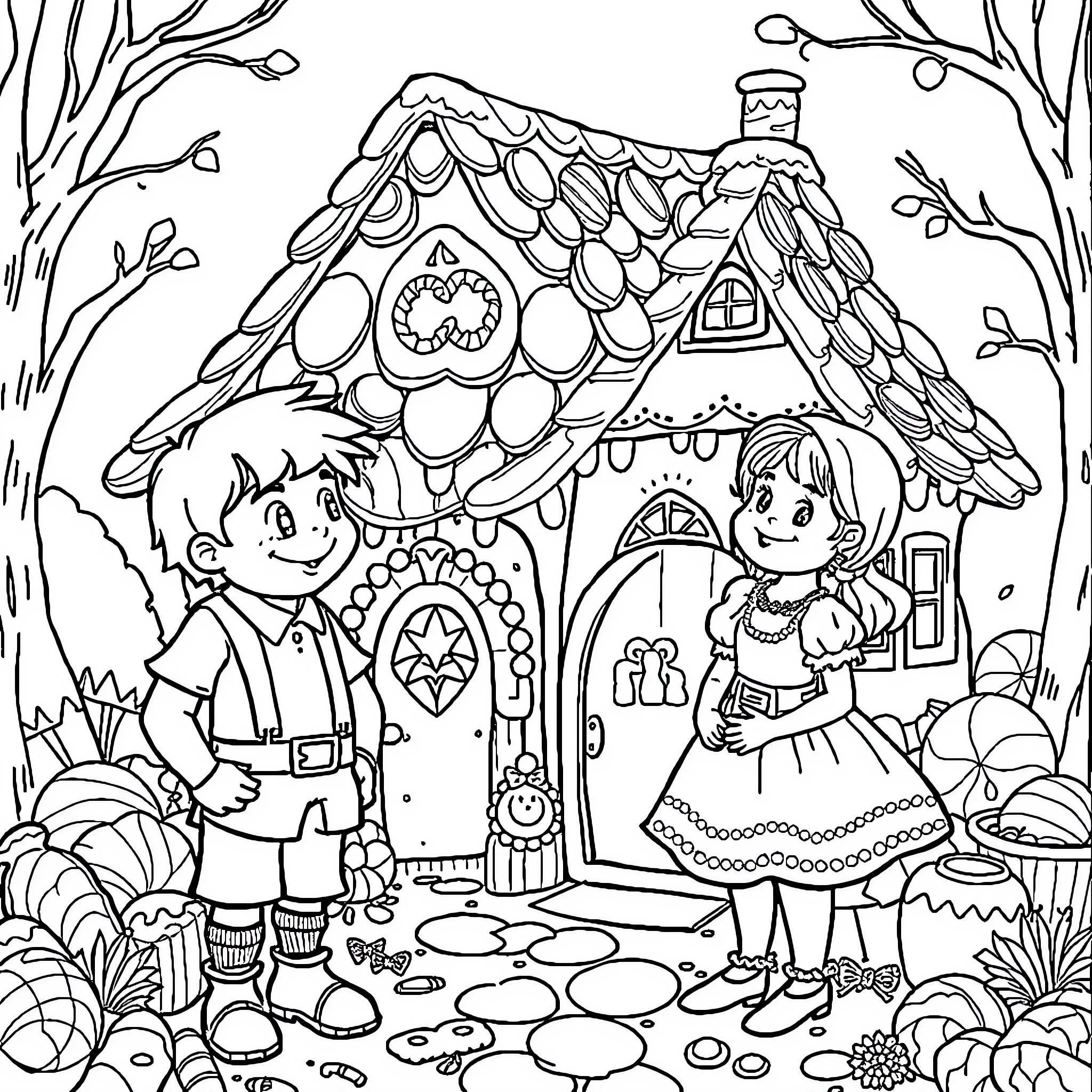 Hansel And Gretel Explore The Enchanted Cottage Coloring Page (free black-and-white line drawing printable PDF for all, from beginners to advanced learners, including children, teens, adults, and seniors)
