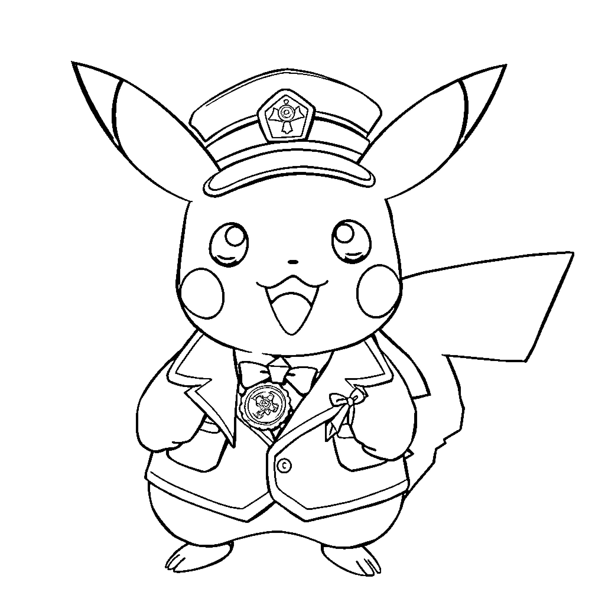 Pikachu dressed as an adorable police officer Coloring Page (free black-and-white line drawing printable PDF for all, from beginners to advanced learners, including children, teens, adults, and seniors)
