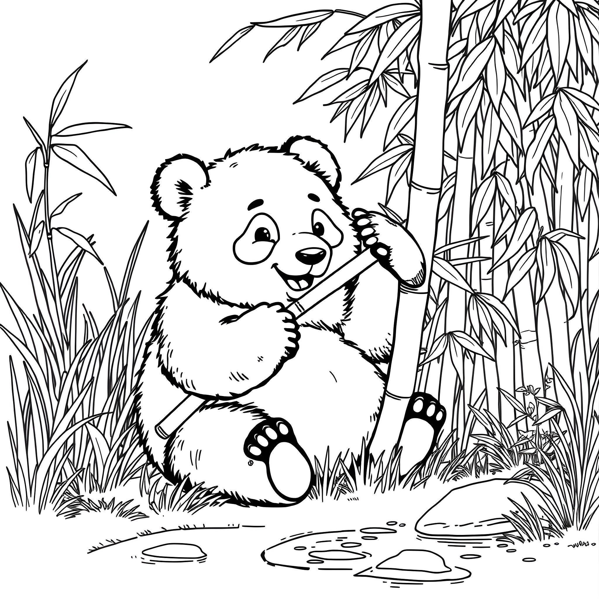 Panda playing playfully in the bamboo forest Coloring Page (free black-and-white line drawing printable PDF for all, from beginners to advanced learners, including children, teens, adults, and seniors)