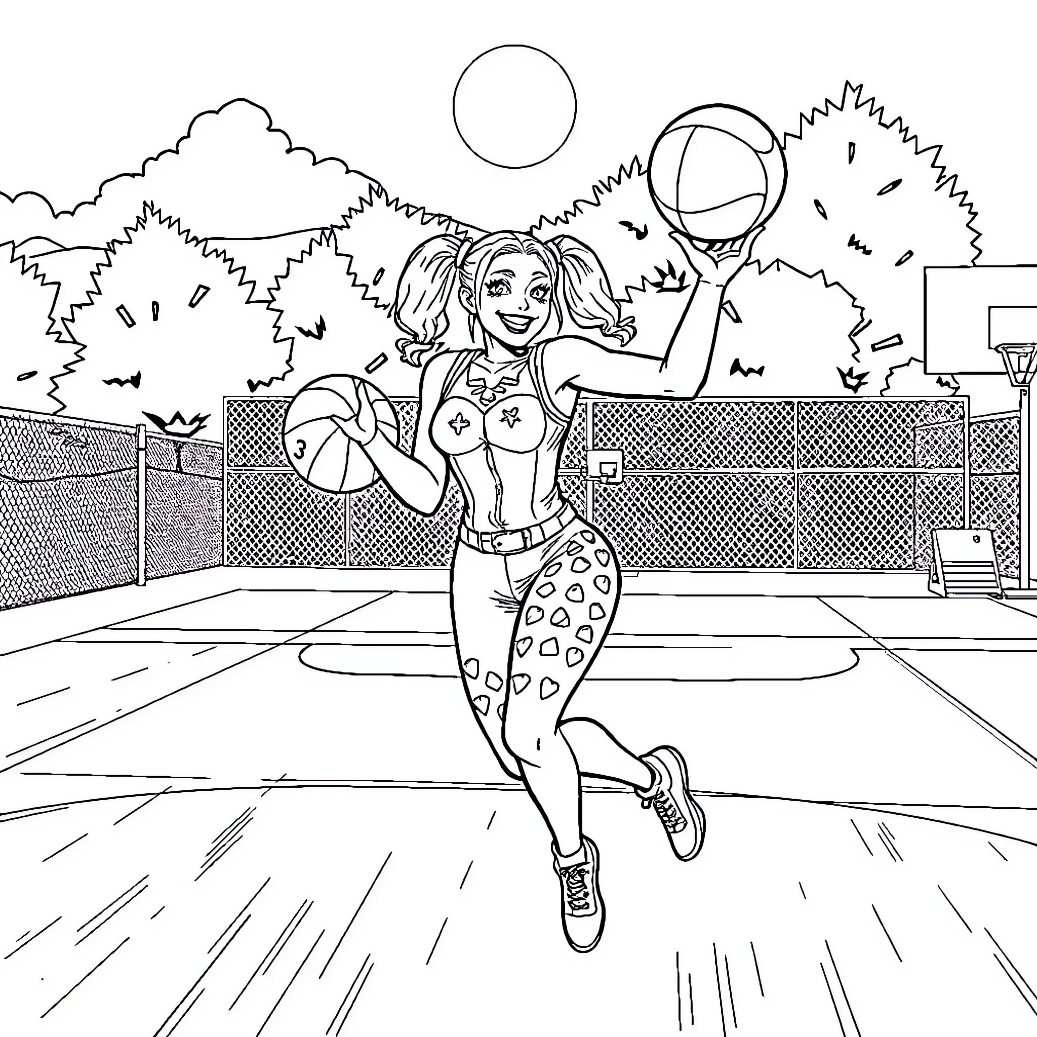 Harley Quinn playing basketball on the court Coloring Page (free black-and-white line drawing printable PDF for all, from beginners to advanced learners, including children, teens, adults, and seniors)