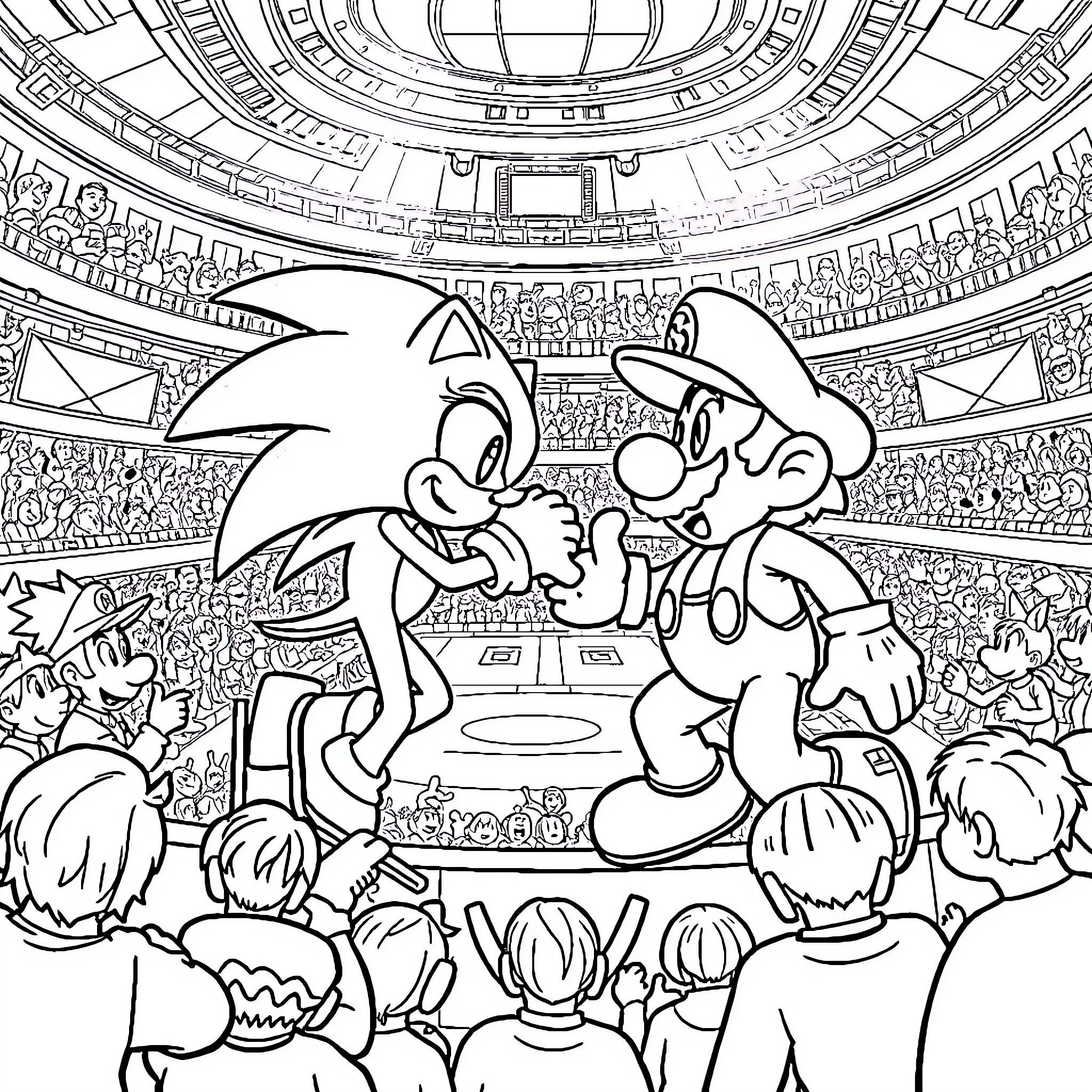 Sonic and Mario in a Lively Stadium Coloring Page (free black-and-white line drawing printable PDF for all, from beginners to advanced learners, including children, teens, adults, and seniors)