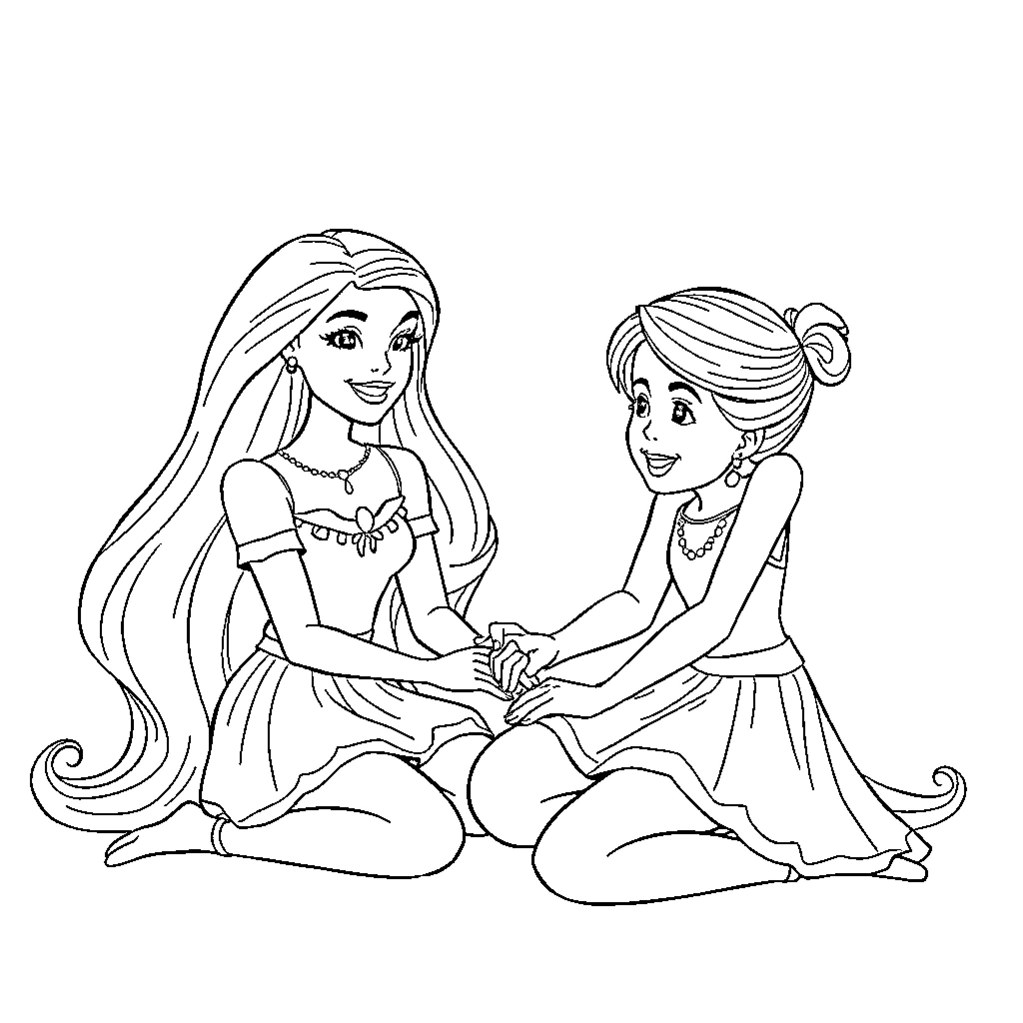 Barbie dolls having a friendly conversation Coloring Page (free black-and-white line drawing printable PDF for all, from beginners to advanced learners, including children, teens, adults, and seniors)