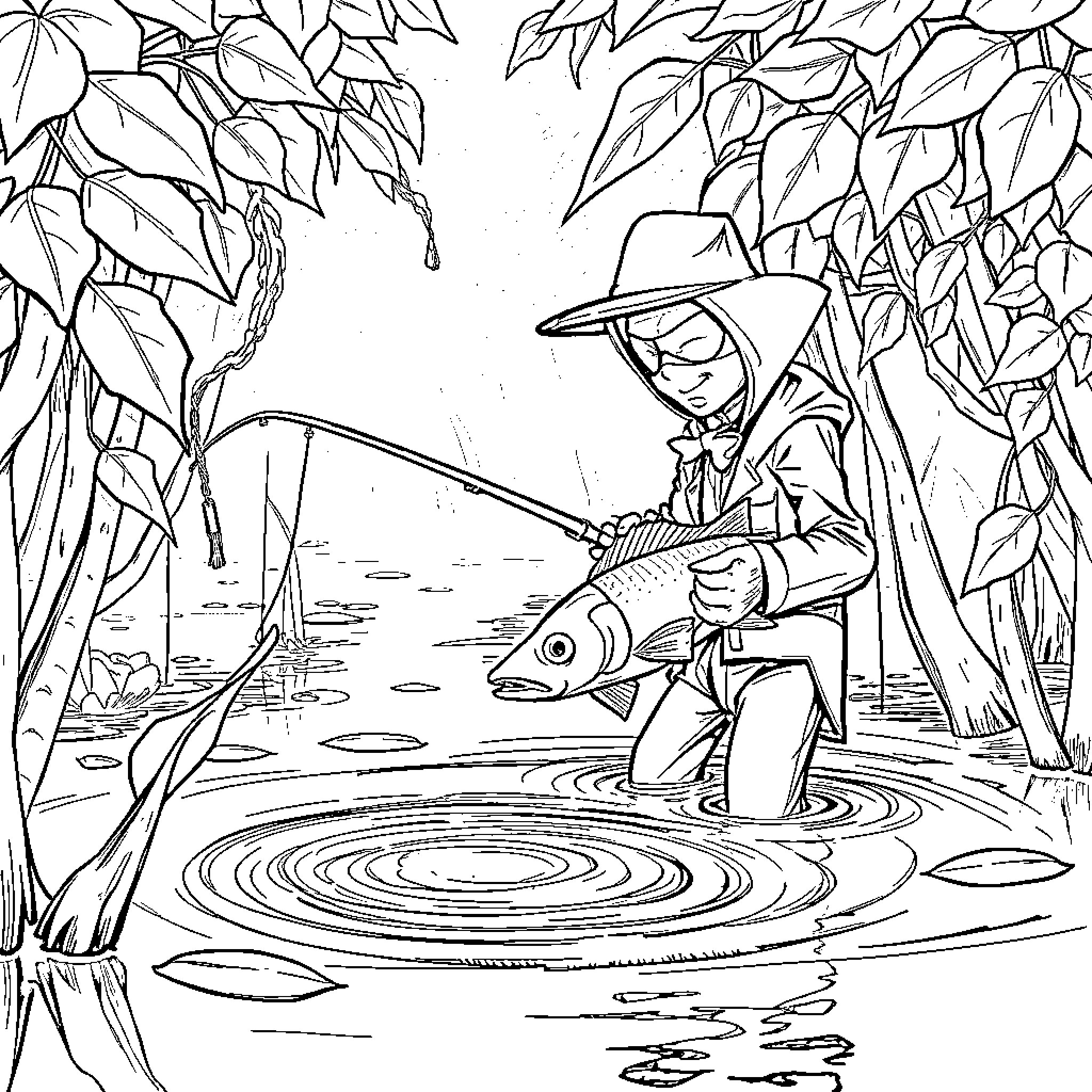 Zucchini Fisherman Angling in the Tranquil Pond Coloring Page (free black-and-white line drawing printable PDF for all, from beginners to advanced learners, including children, teens, adults, and seniors)