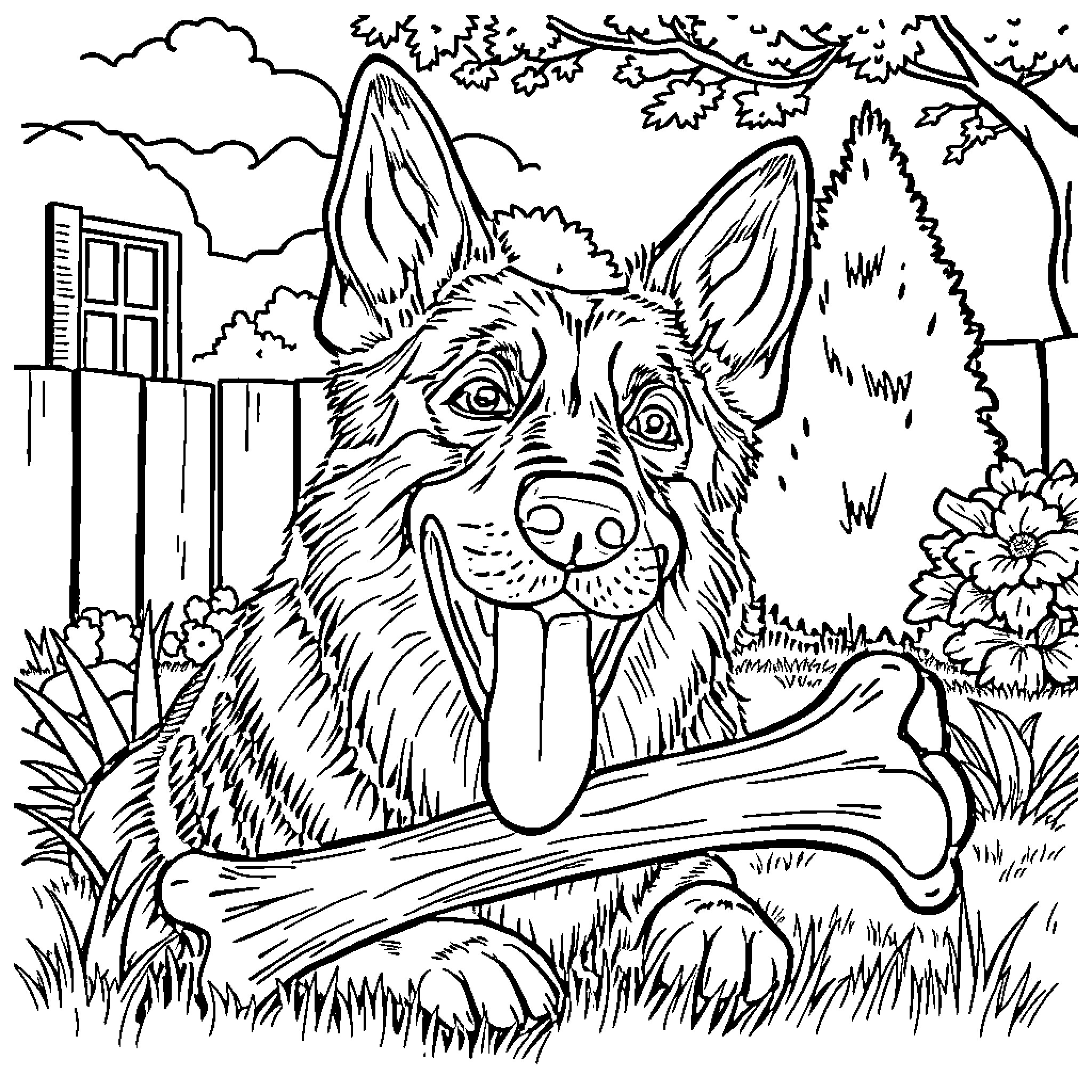 German Shepherd happily playing with a bone in the yard Coloring Page (free black-and-white line drawing printable PDF for all, from beginners to advanced learners, including children, teens, adults, and seniors)
