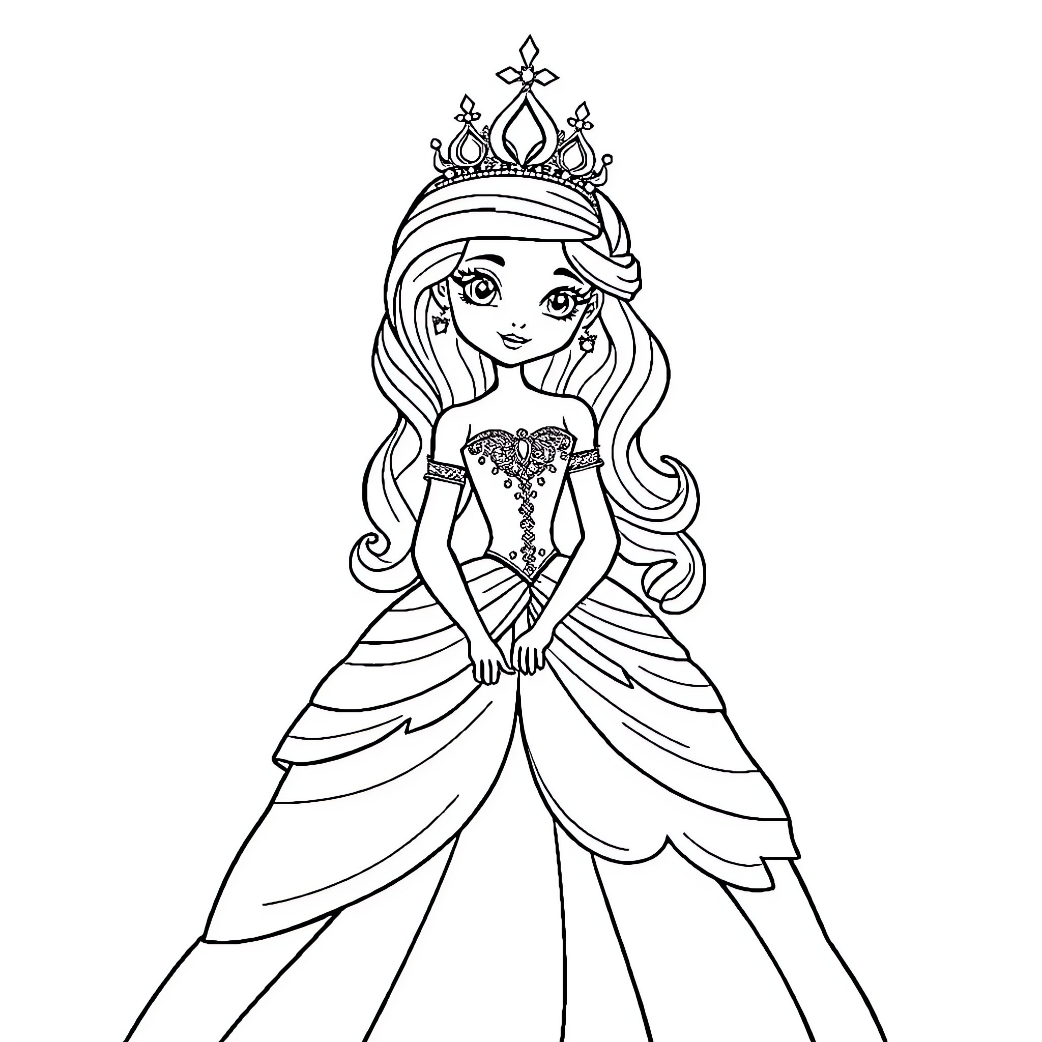 Princess in Elegant Ball Gown and Crown Coloring Page (free black-and-white line drawing printable PDF for all, from beginners to advanced learners, including children, teens, adults, and seniors)
