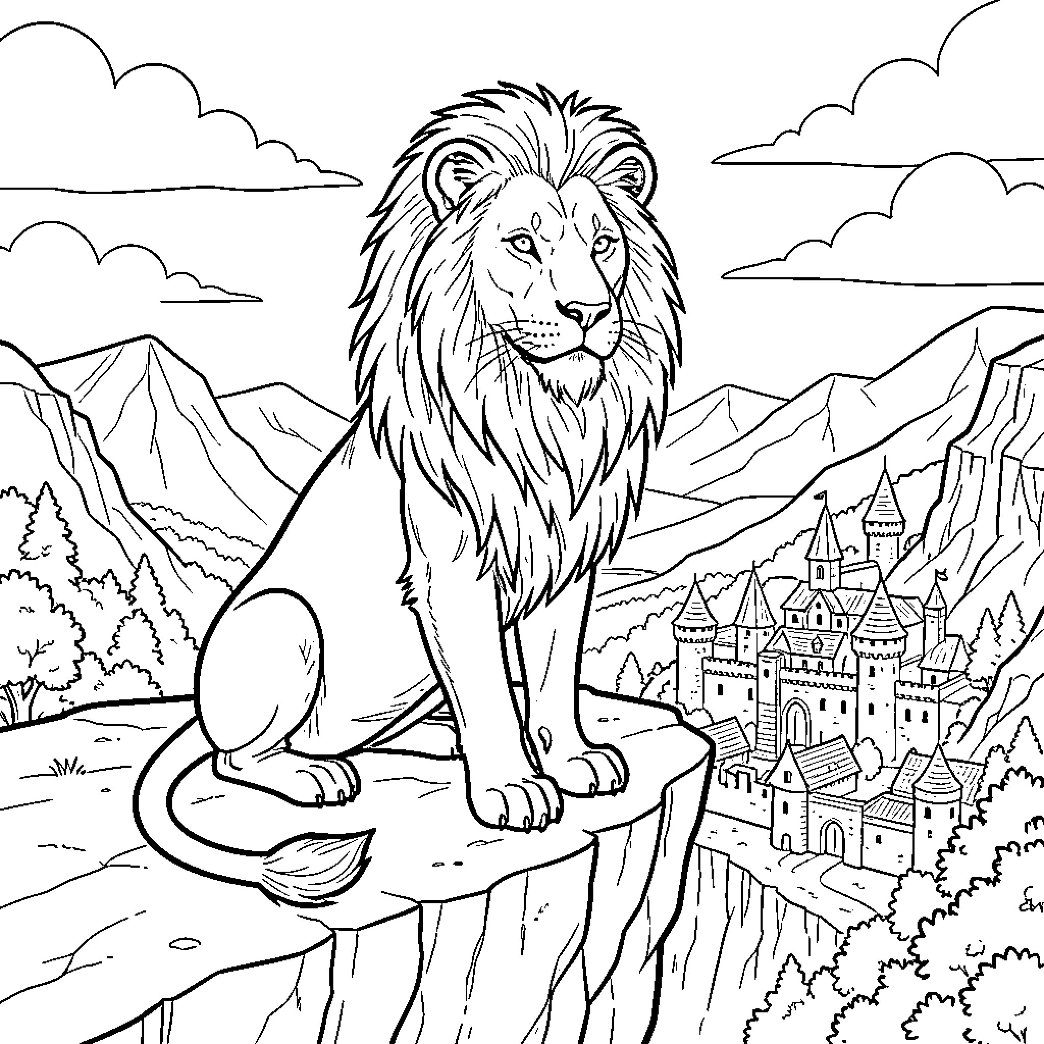 Lion overlooking a castle landscape Coloring Page (free black-and-white line drawing printable PDF for all, from beginners to advanced learners, including children, teens, adults, and seniors)