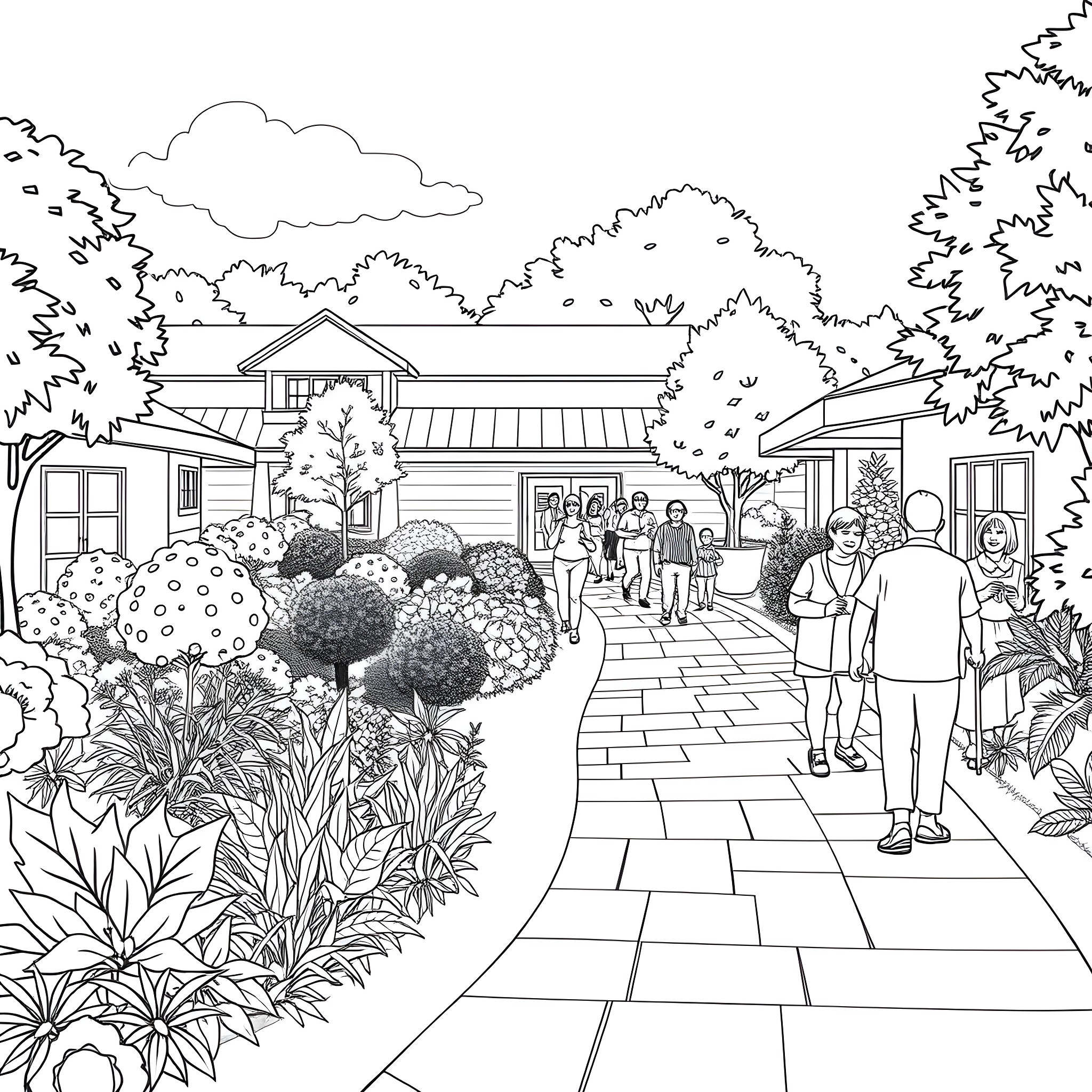 State Supported Living Center with Diverse People Gathering Coloring Page (free black-and-white line drawing printable PDF for all, from beginners to advanced learners, including children, teens, adults, and seniors)