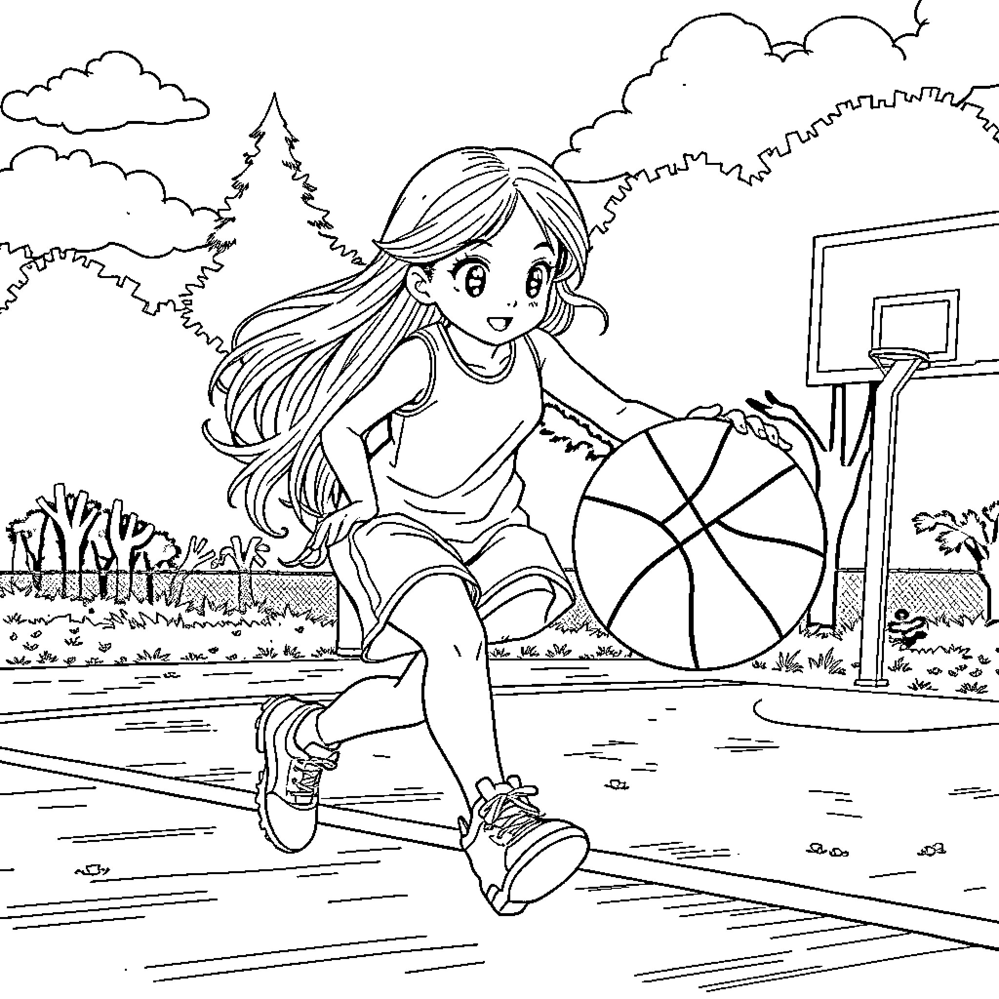 Anime Girl Playing Basketball on the Court Coloring Page (free black-and-white line drawing printable PDF for all, from beginners to advanced learners, including children, teens, adults, and seniors)