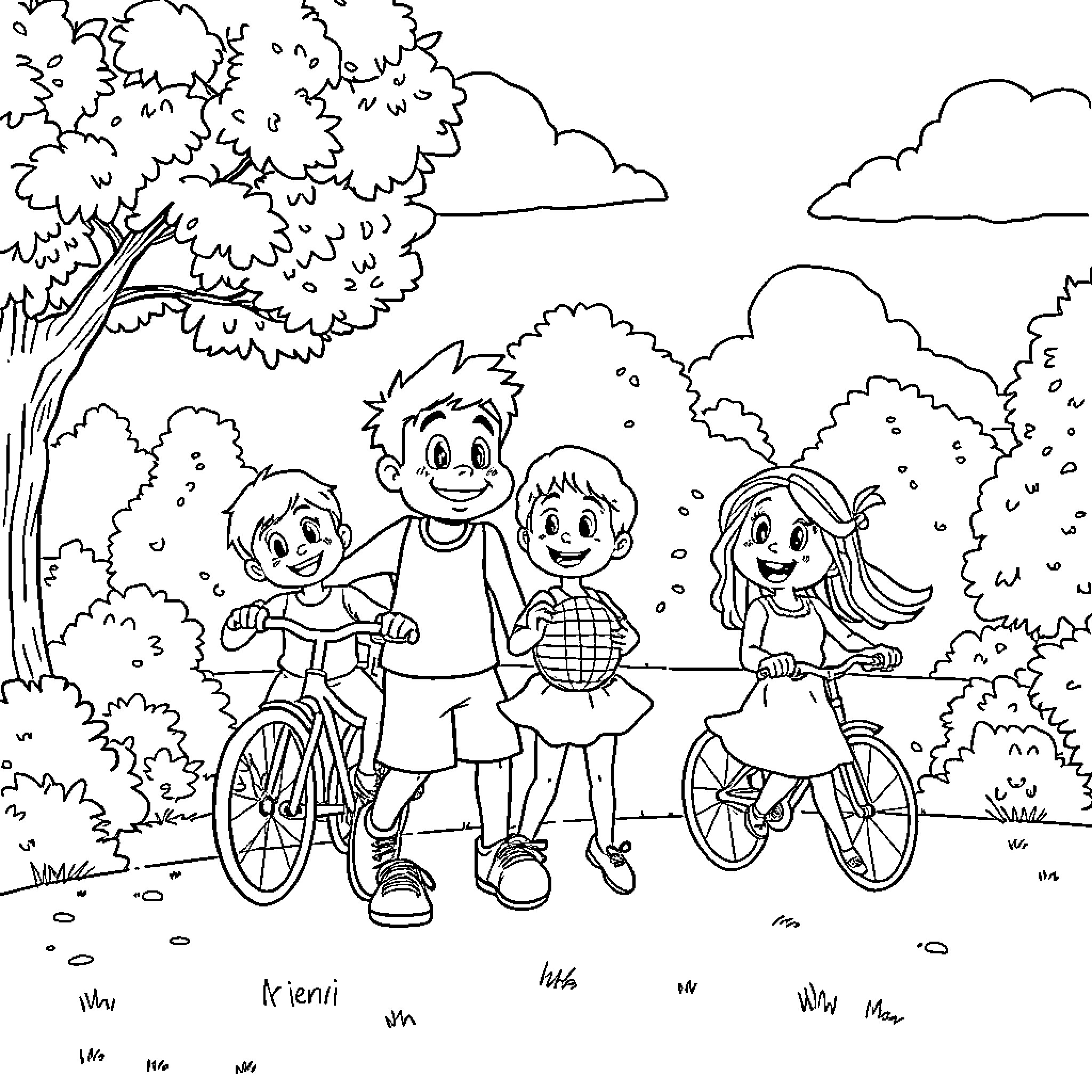 Bluey's Outdoor Adventure with Friends Coloring Page (free black-and-white line drawing printable PDF for all, from beginners to advanced learners, including children, teens, adults, and seniors)
