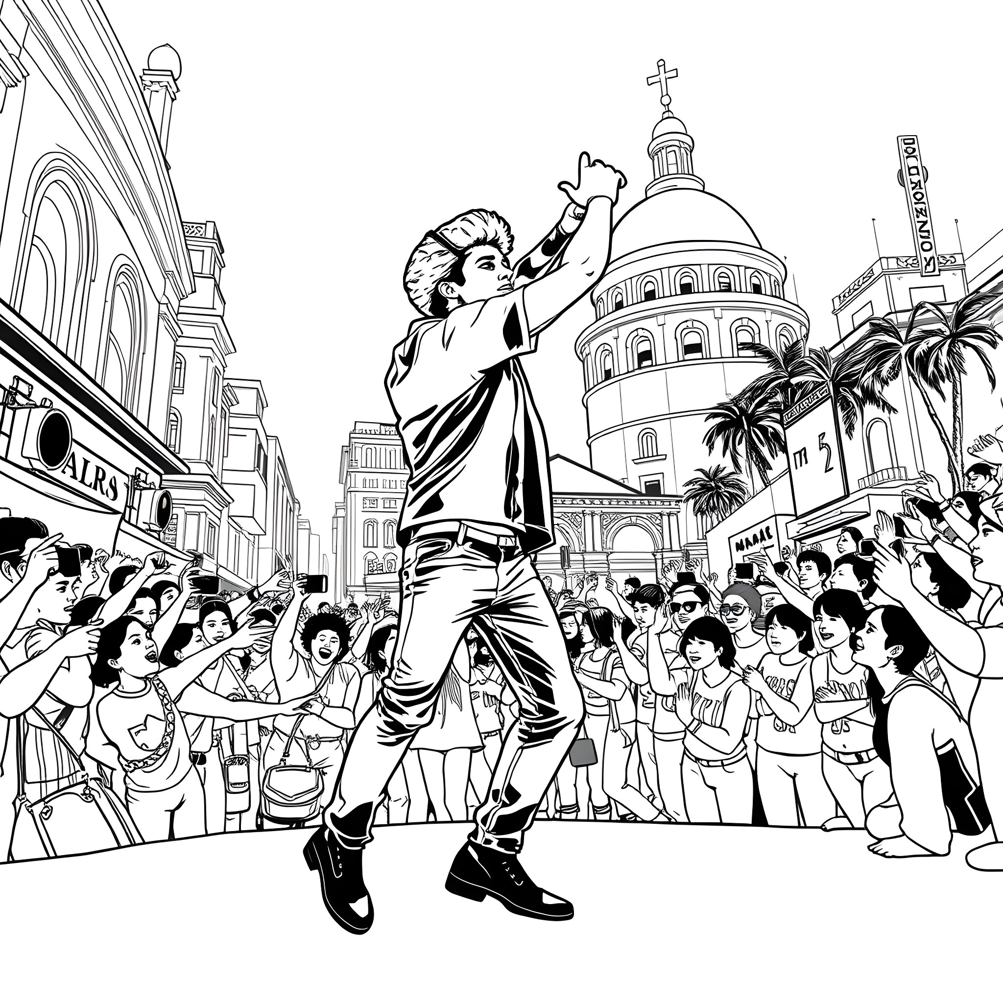 Bruno Mars performing energetically on stage in front of a crowd Coloring Page (free black-and-white line drawing printable PDF for all, from beginners to advanced learners, including children, teens, adults, and seniors)
