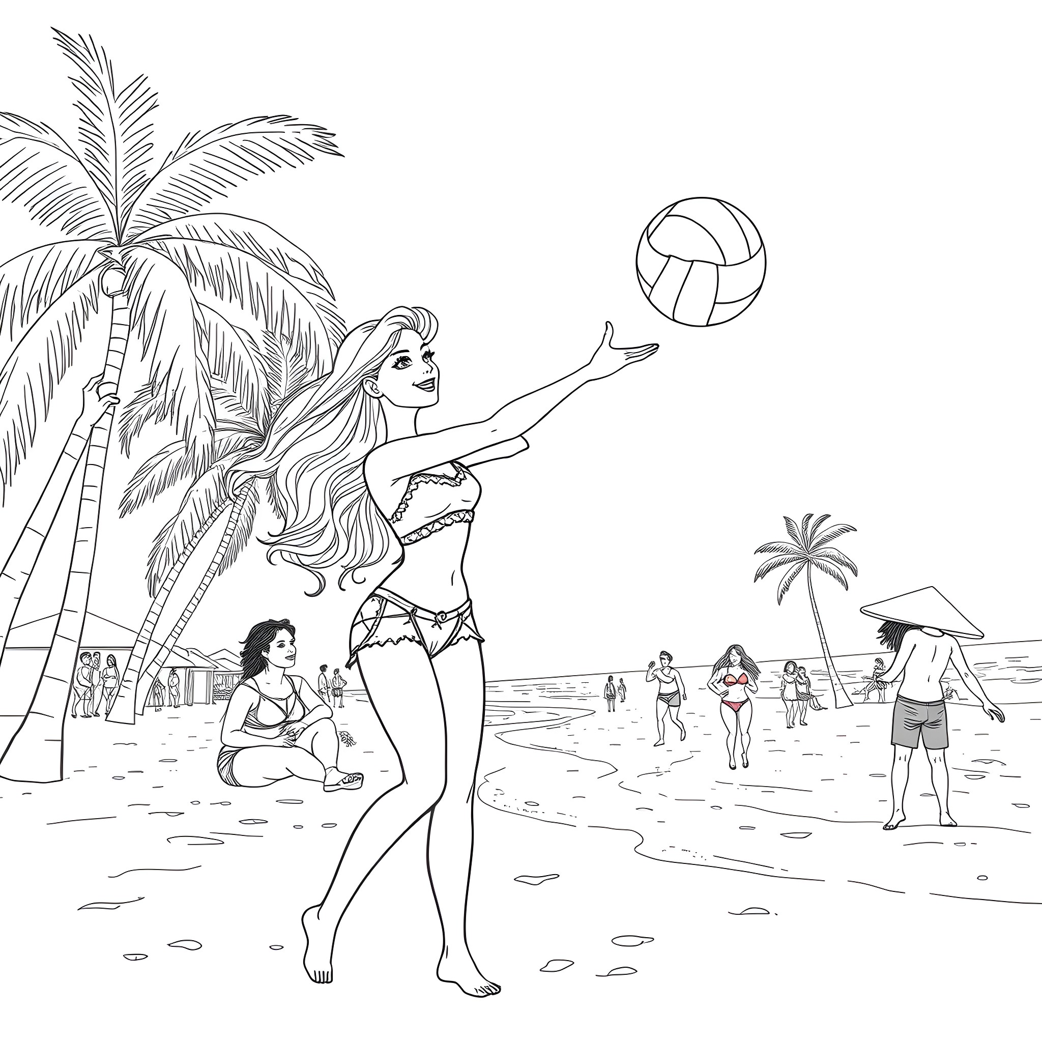 Barbie playing beach volleyball with friends on a tropical paradise Coloring Page (free black-and-white line drawing printable PDF for all, from beginners to advanced learners, including children, teens, adults, and seniors)