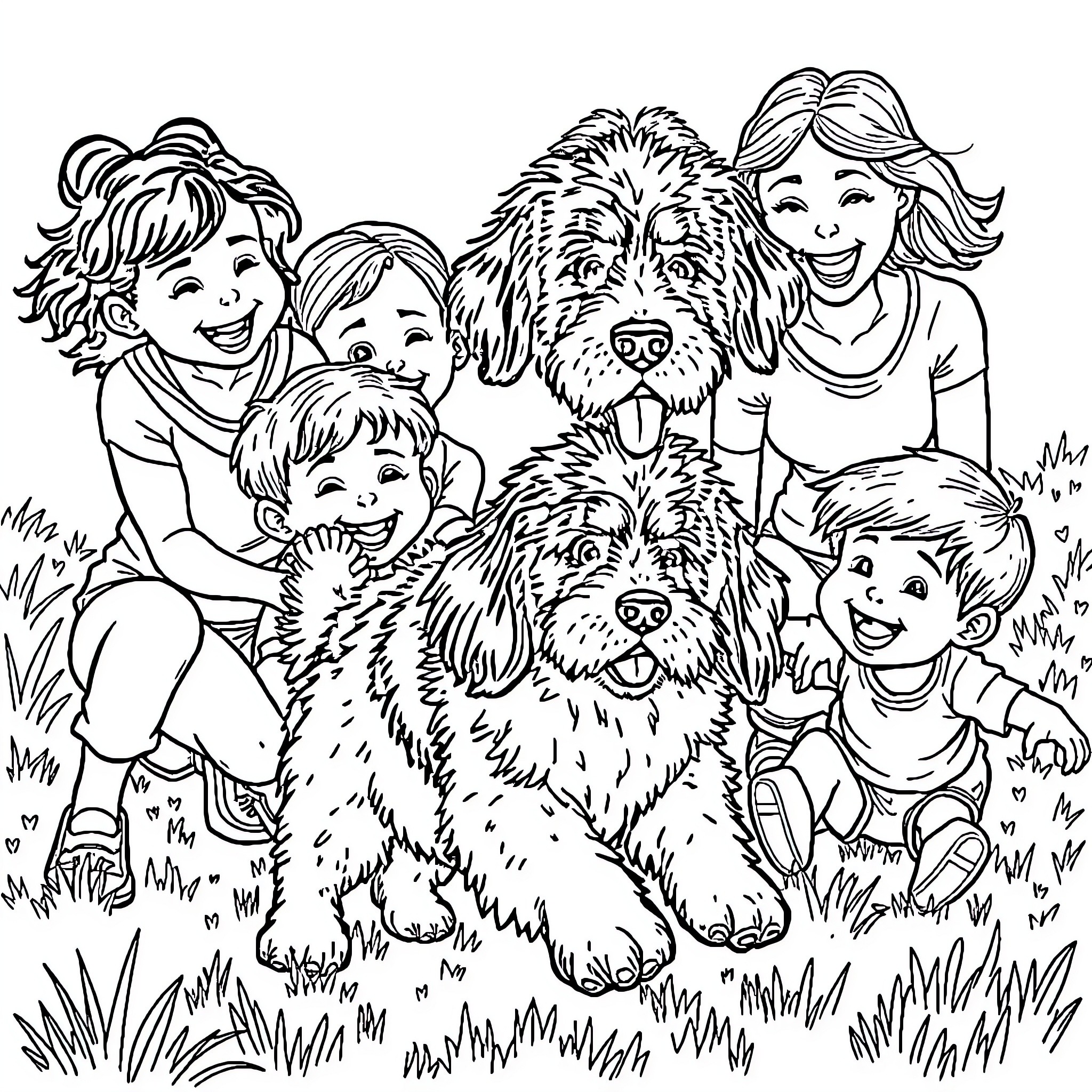 Dog playing happily with family in the park Coloring Page (free black-and-white line drawing printable PDF for all, from beginners to advanced learners, including children, teens, adults, and seniors)