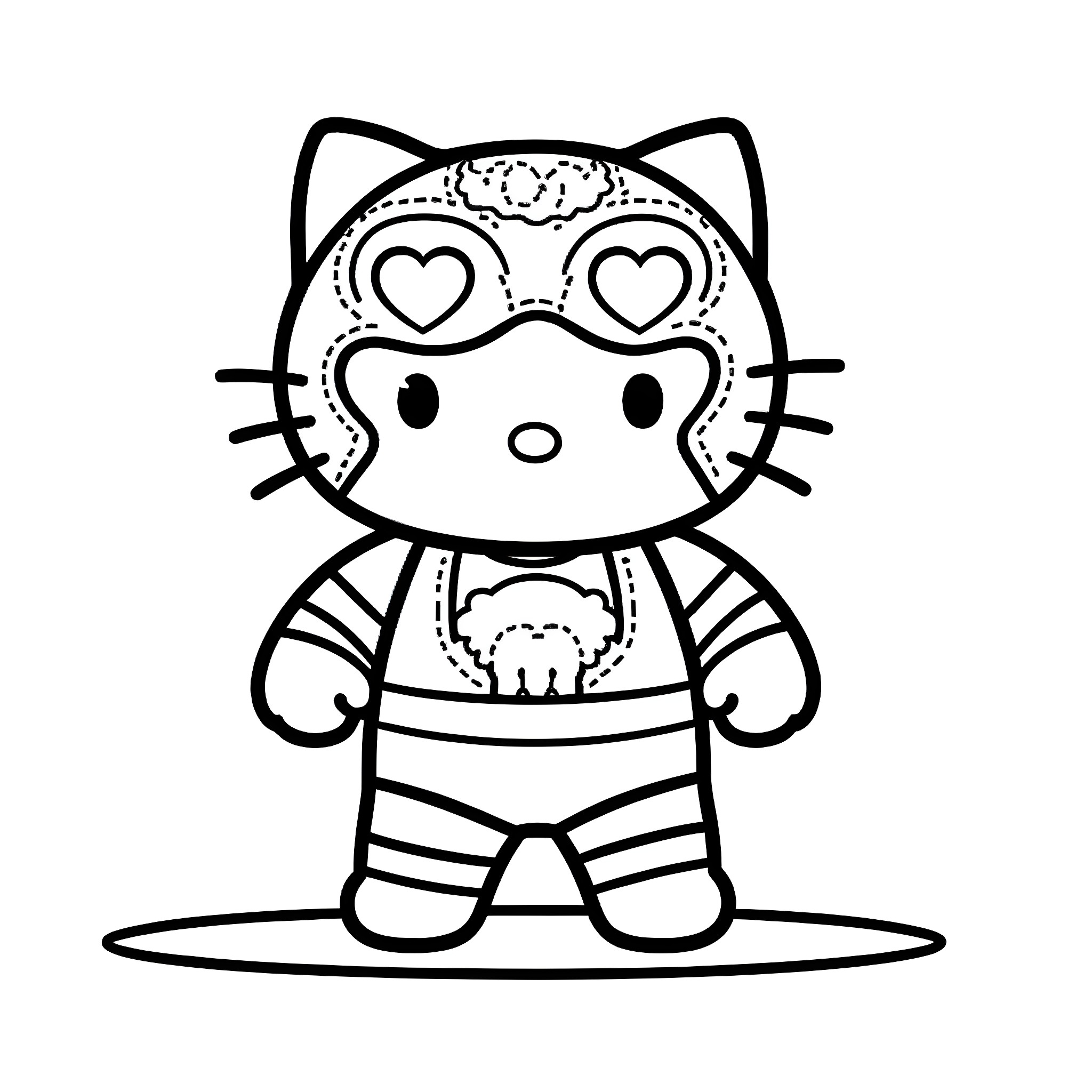 Hello Kitty wearing heart-shaped sunglasses Coloring Page (free black-and-white line drawing printable PDF for all, from beginners to advanced learners, including children, teens, adults, and seniors)