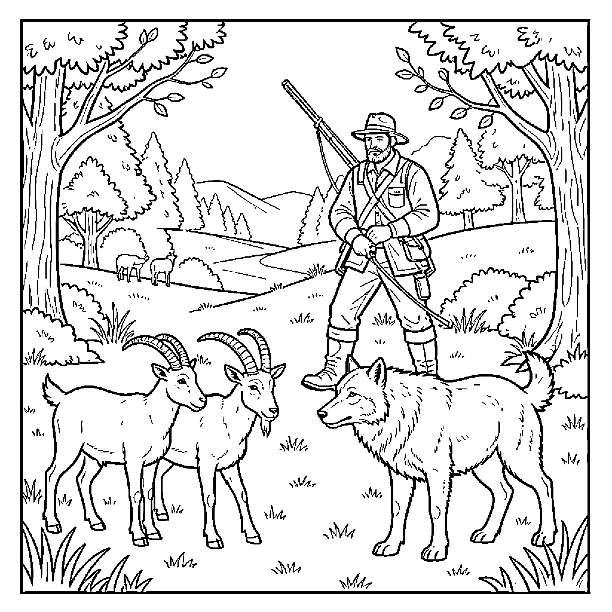 Goat standing near a hunter in the mountains Coloring Page (free black-and-white line drawing printable PDF for all, from beginners to advanced learners, including children, teens, adults, and seniors)