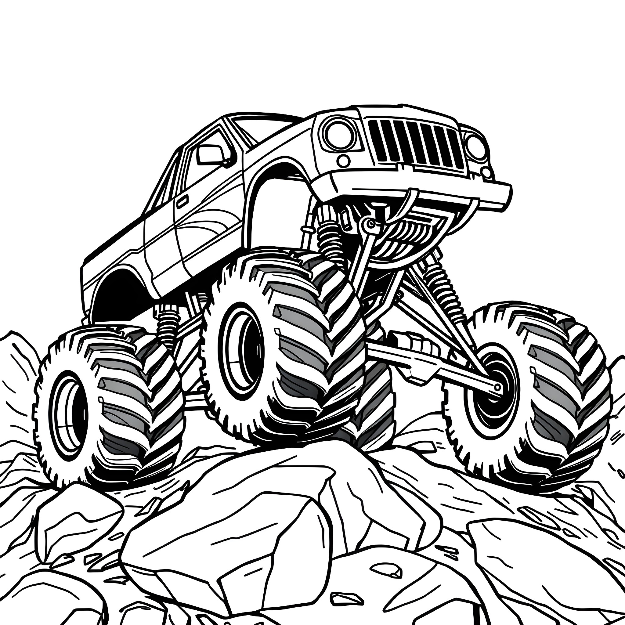 Monster Truck Crushing Rocks on Rugged Terrain Coloring Page (free black-and-white line drawing printable PDF for all, from beginners to advanced learners, including children, teens, adults, and seniors)