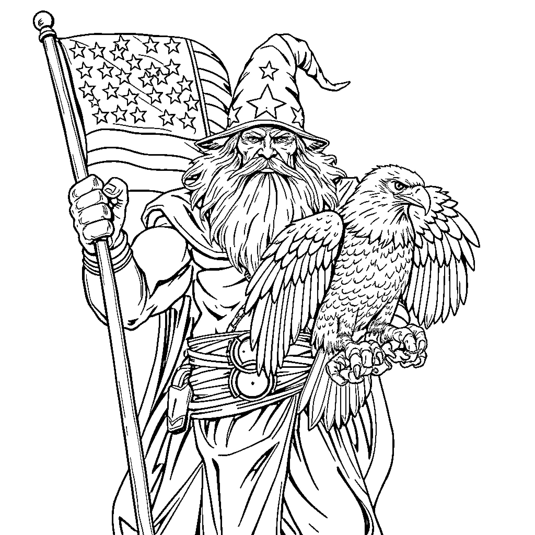 Wizard with Majestic Eagle Flag Coloring Page (free black-and-white line drawing printable PDF for all, from beginners to advanced learners, including children, teens, adults, and seniors)