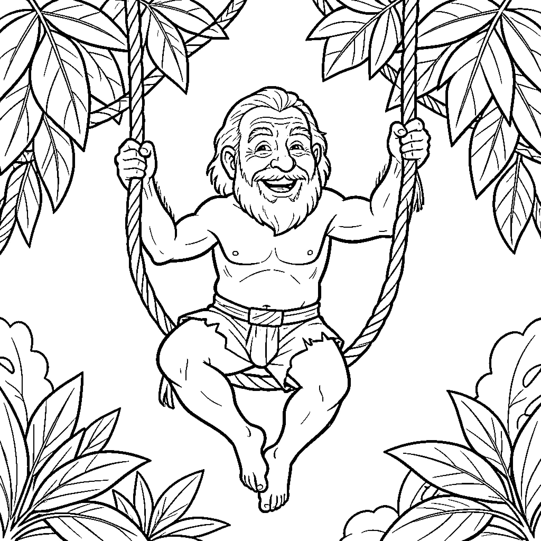Pepe smiling while swinging on ropes in the jungle Coloring Page (free black-and-white line drawing printable PDF for all, from beginners to advanced learners, including children, teens, adults, and seniors)