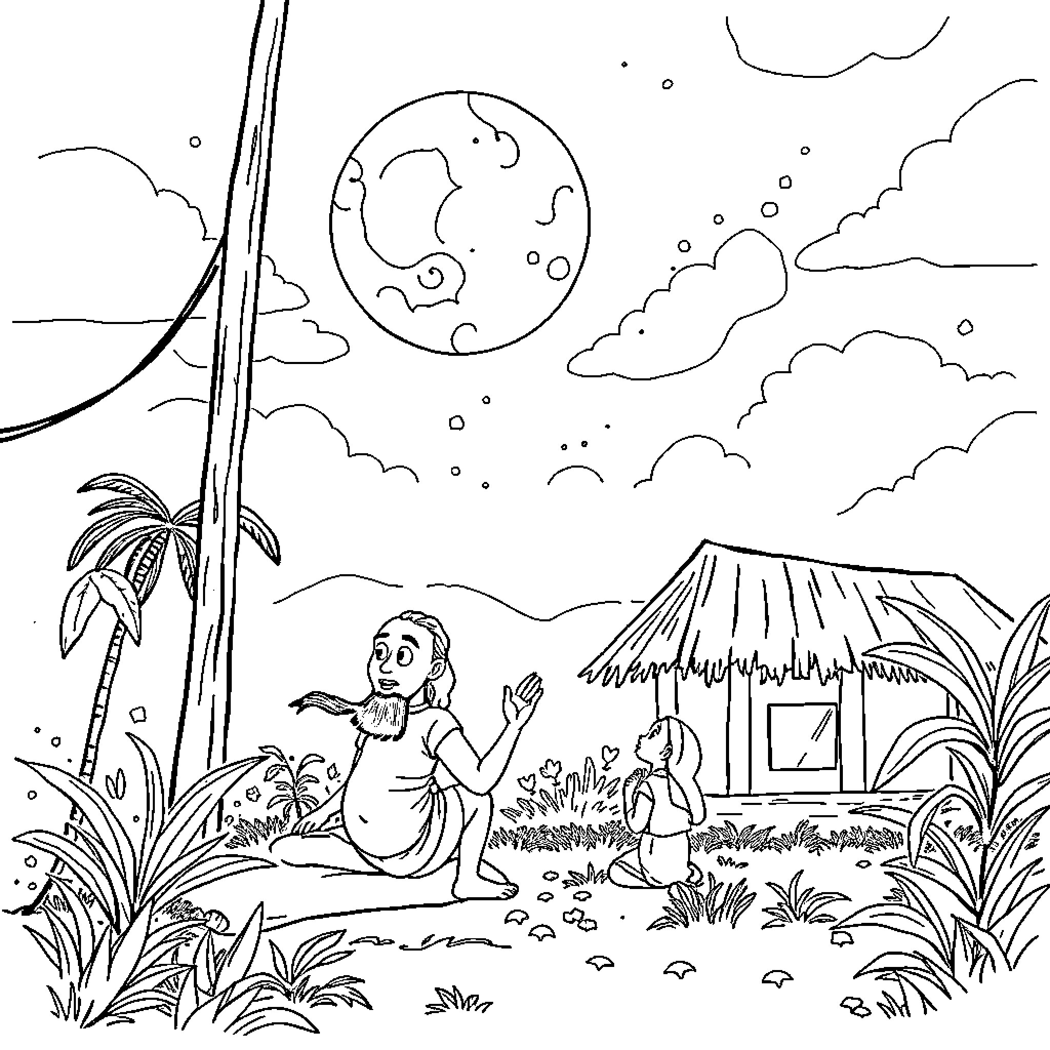 Fireflies dancing in the moonlit tropical night Coloring Page (free black-and-white line drawing printable PDF for all, from beginners to advanced learners, including children, teens, adults, and seniors)