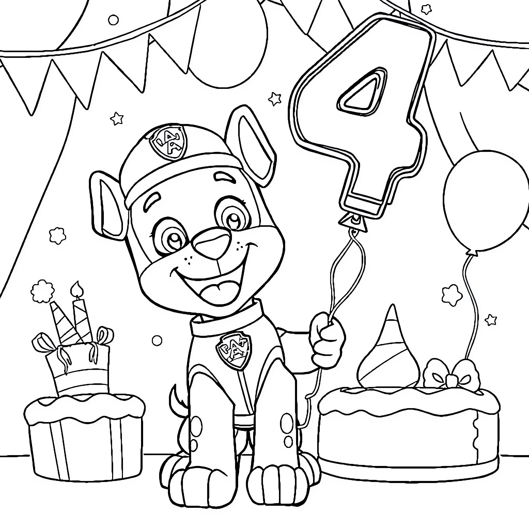 Marshall's Fun-Filled Birthday Celebration Coloring Page (free black-and-white line drawing printable PDF for all, from beginners to advanced learners, including children, teens, adults, and seniors)