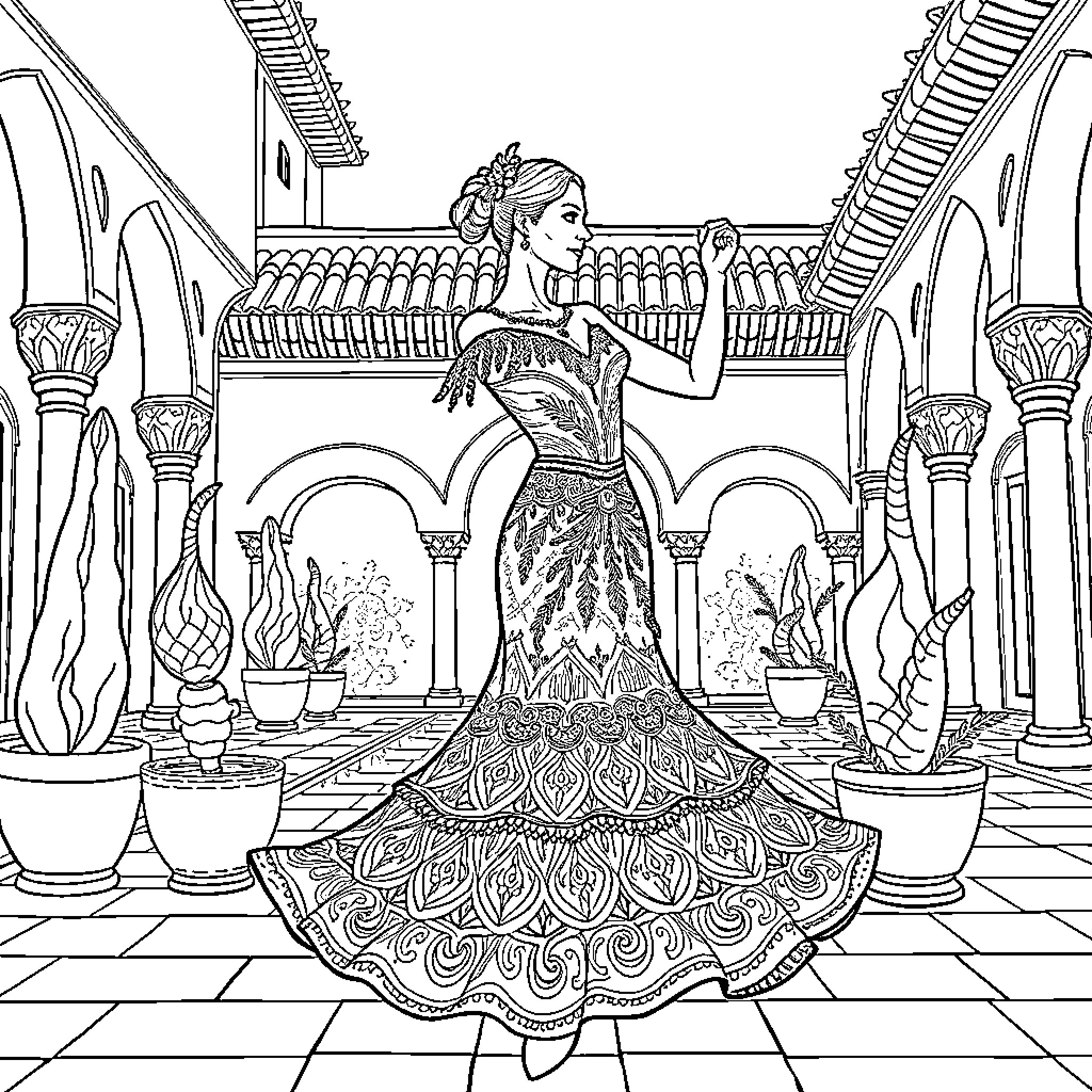 Flamenco Dancer Performing in Ornate Setting Coloring Page (free black-and-white line drawing printable PDF for all, from beginners to advanced learners, including children, teens, adults, and seniors)