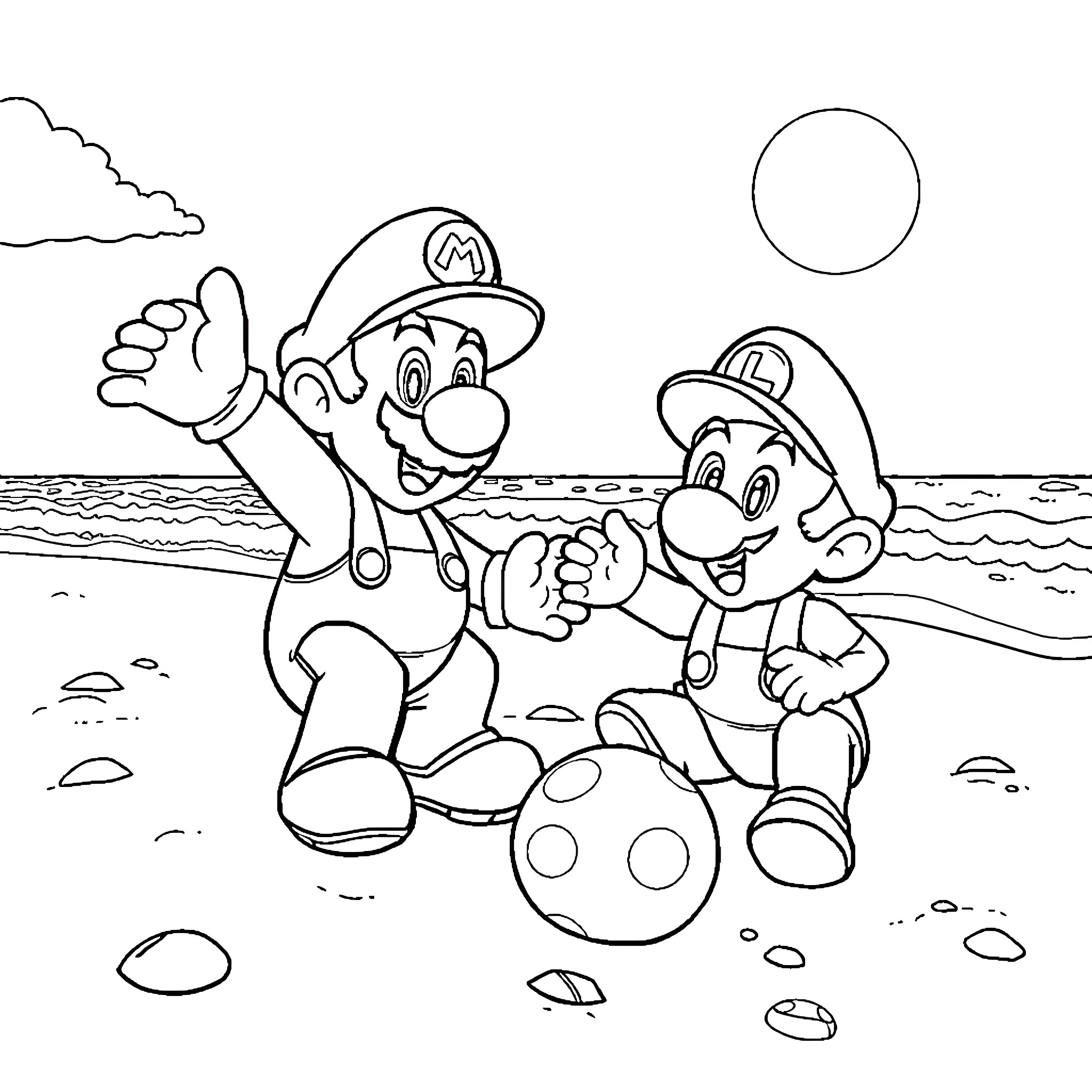 Mario and Luigi Playing on the Beach Coloring Page (free black-and-white line drawing printable PDF for all, from beginners to advanced learners, including children, teens, adults, and seniors)