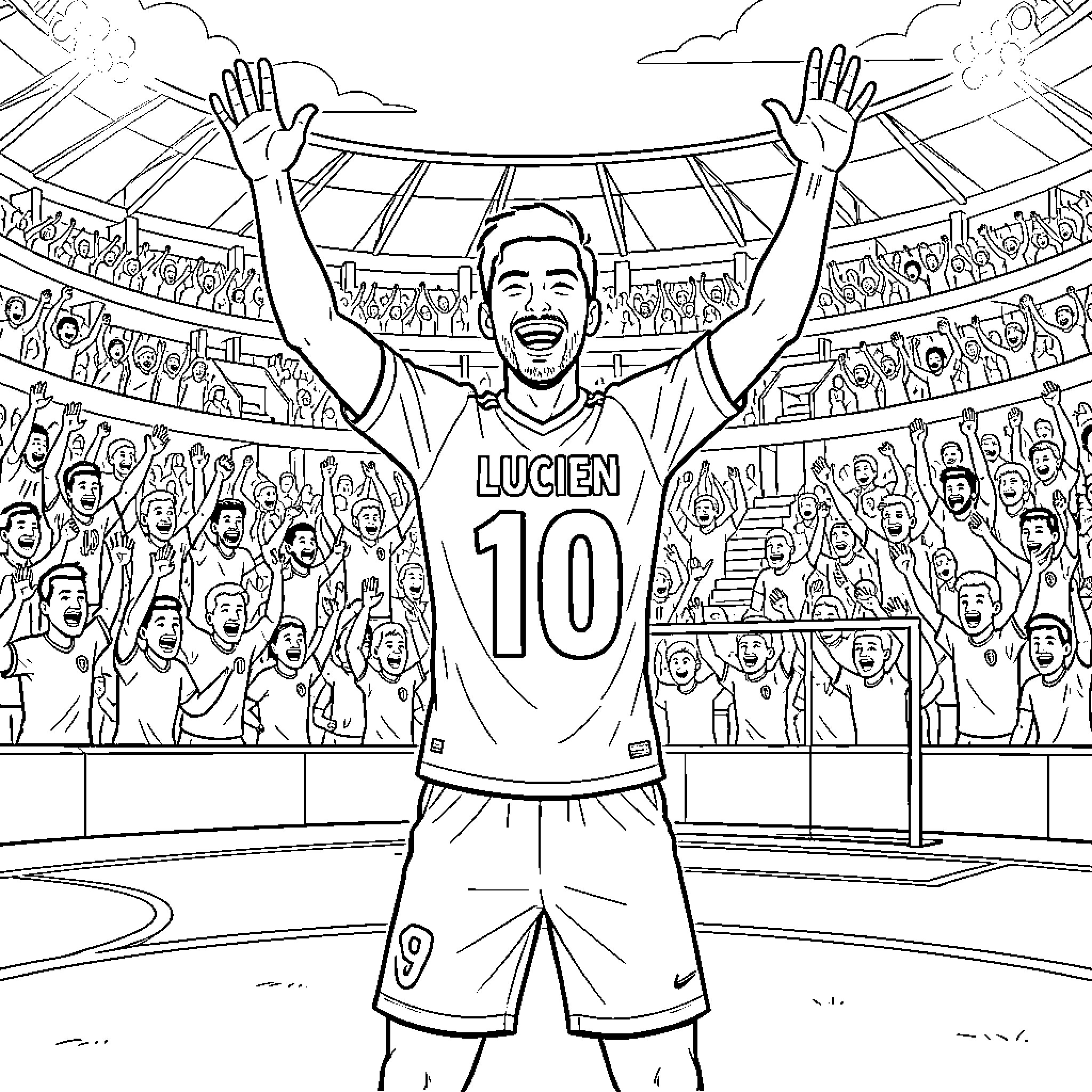 Footballeur celebrating victory in a stadium Coloring Page (free black-and-white line drawing printable PDF for all, from beginners to advanced learners, including children, teens, adults, and seniors)