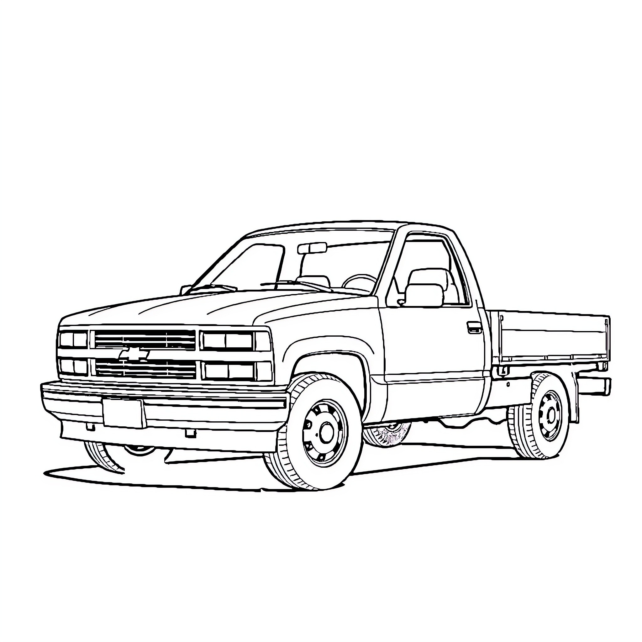 Chevy pickup truck in simple black and white illustration Coloring Page (free black-and-white line drawing printable PDF for all, from beginners to advanced learners, including children, teens, adults, and seniors)
