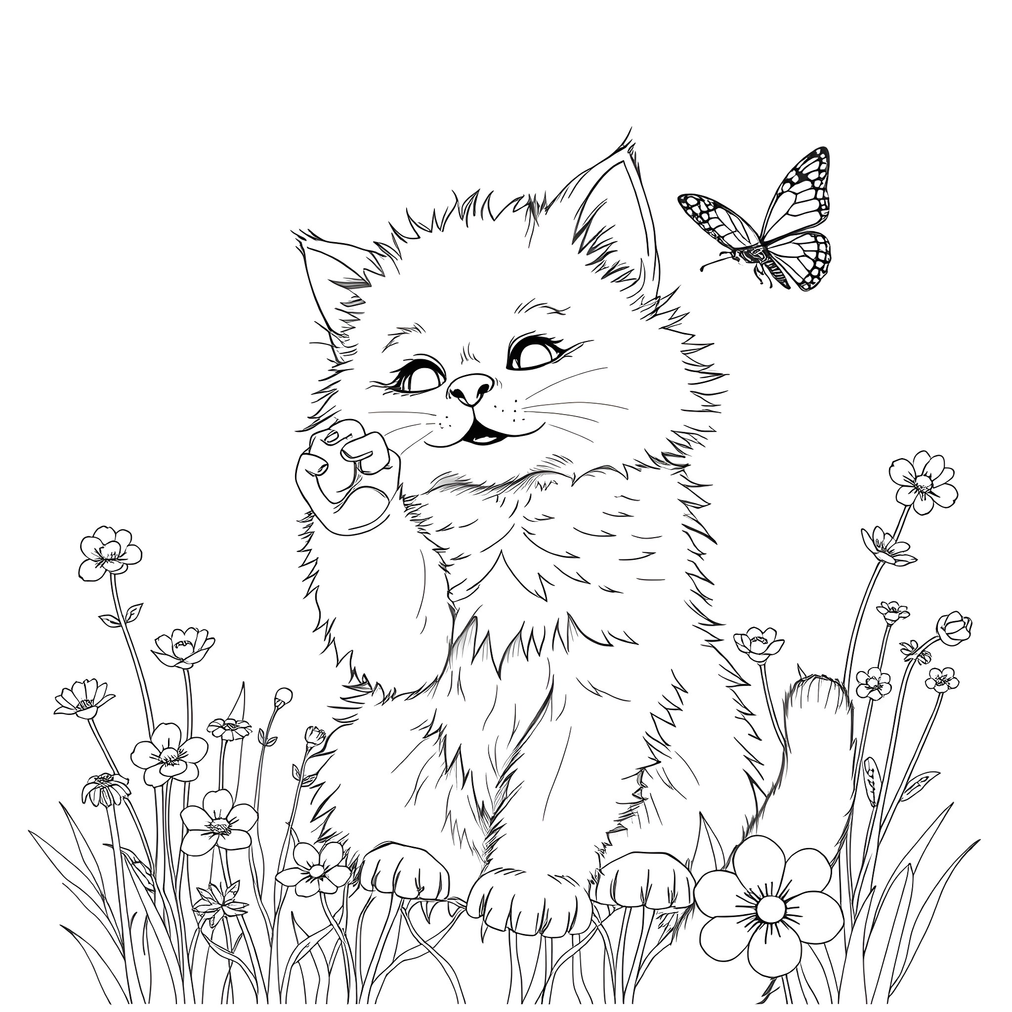 Cat exploring flowers and butterflies in the garden Coloring Page (free black-and-white line drawing printable PDF for all, from beginners to advanced learners, including children, teens, adults, and seniors)