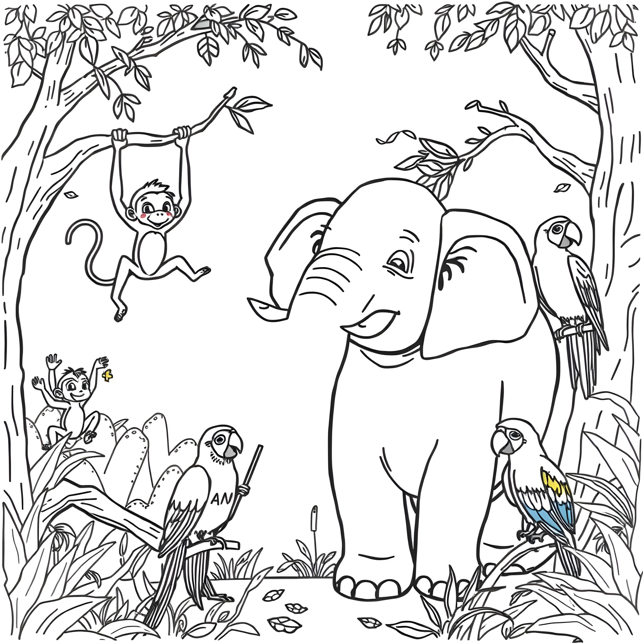 Zoo animals playing and interacting in the jungle Coloring Page (free black-and-white line drawing printable PDF for all, from beginners to advanced learners, including children, teens, adults, and seniors)