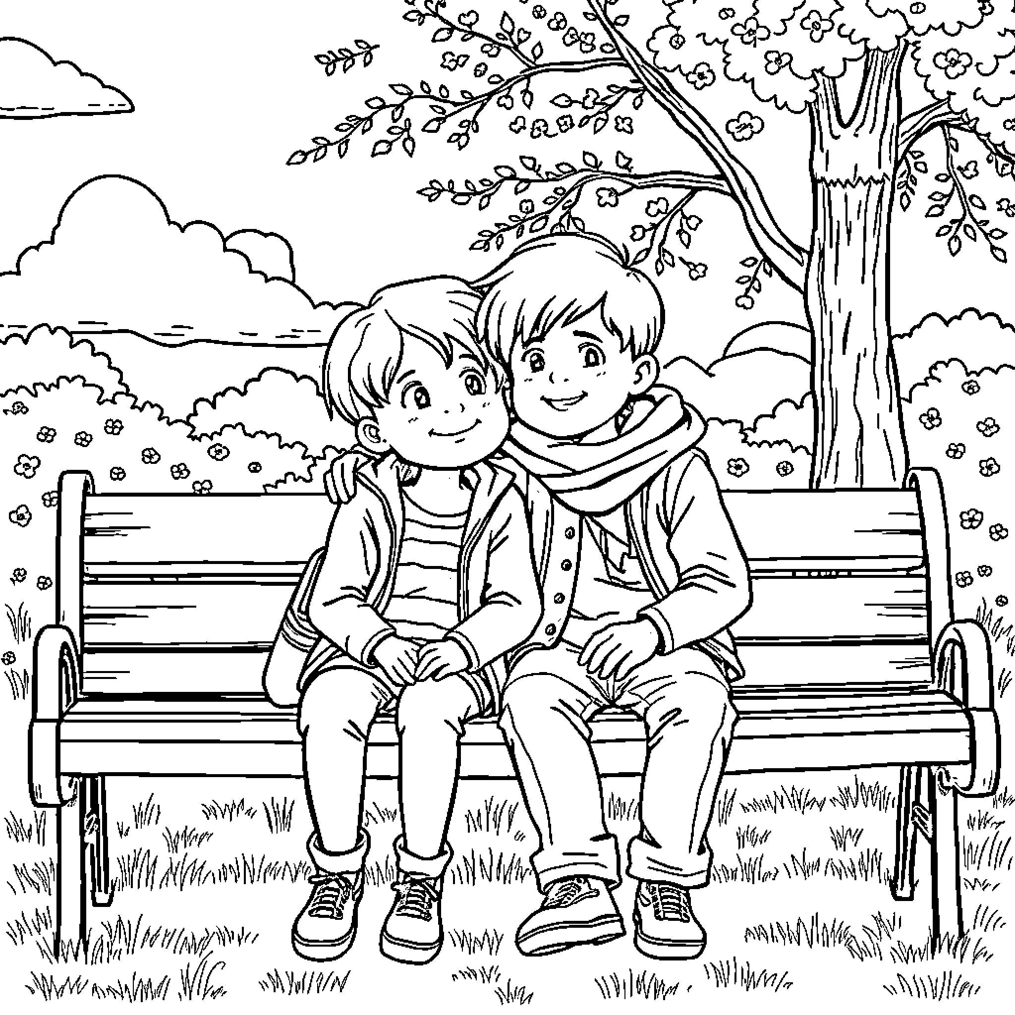 Stevie's Joyful Friendship in the Park Coloring Page (free black-and-white line drawing printable PDF for all, from beginners to advanced learners, including children, teens, adults, and seniors)