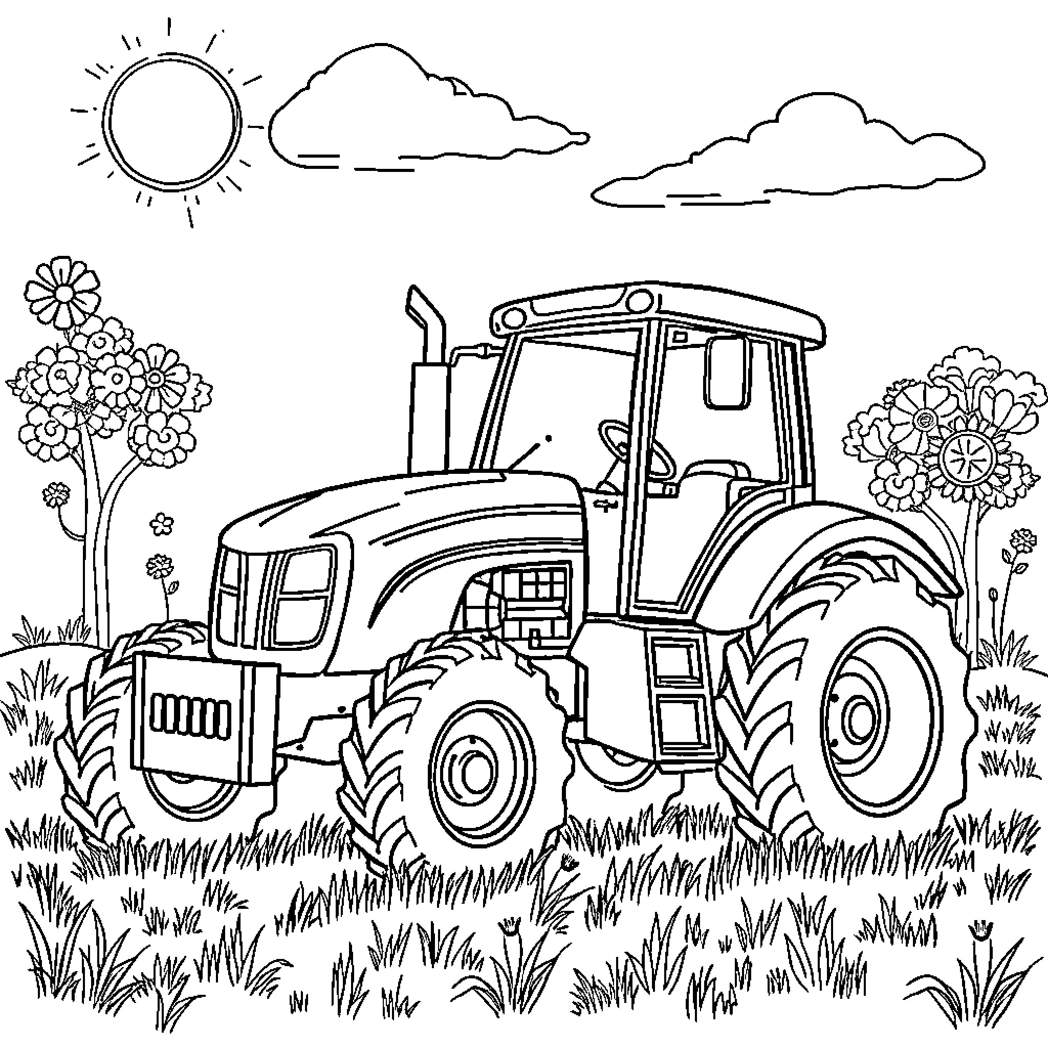 Tractor driving through a scenic countryside Coloring Page (free black-and-white line drawing printable PDF for all, from beginners to advanced learners, including children, teens, adults, and seniors)