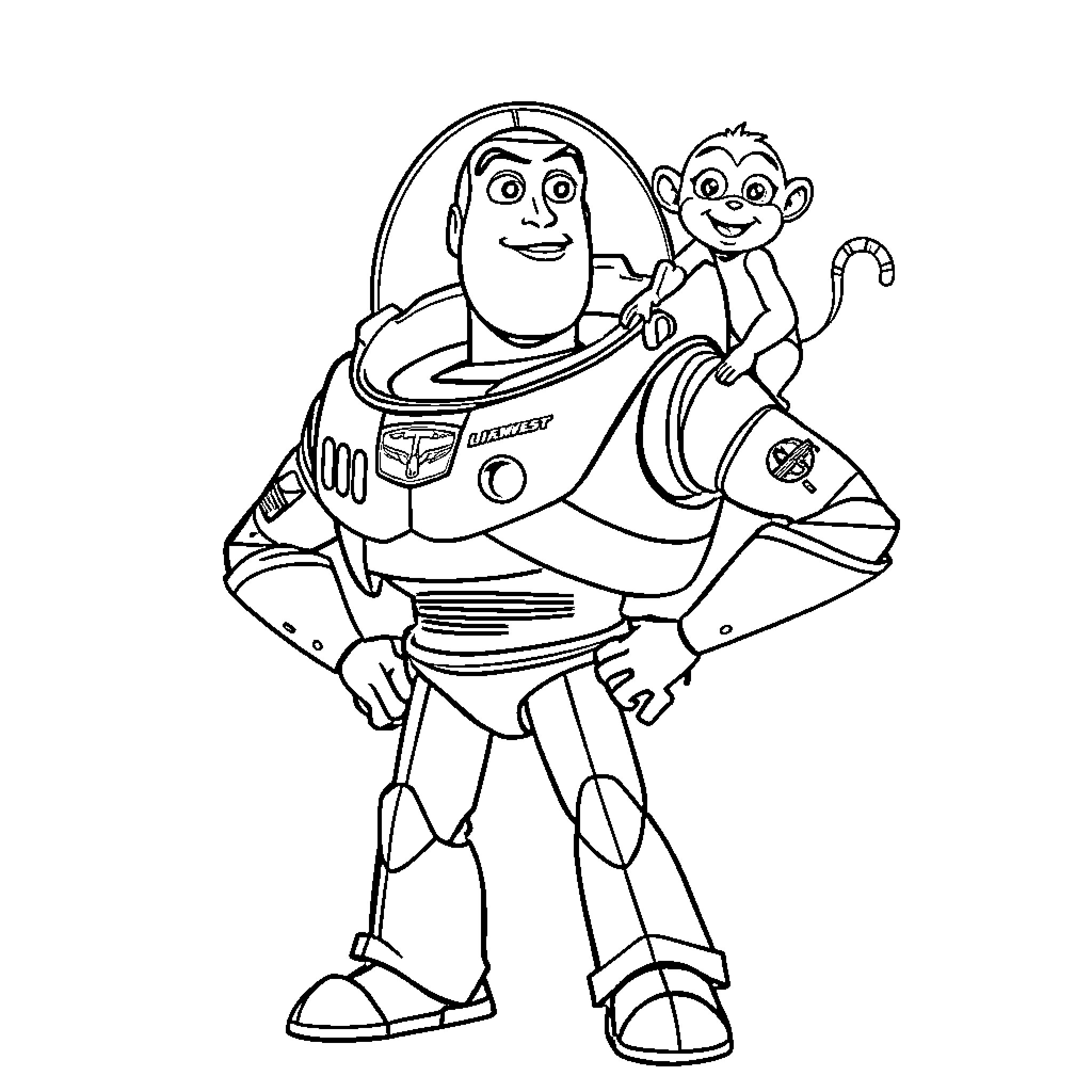 Buzz Lightyear carrying a playful monkey Coloring Page (free black-and-white line drawing printable PDF for all, from beginners to advanced learners, including children, teens, adults, and seniors)